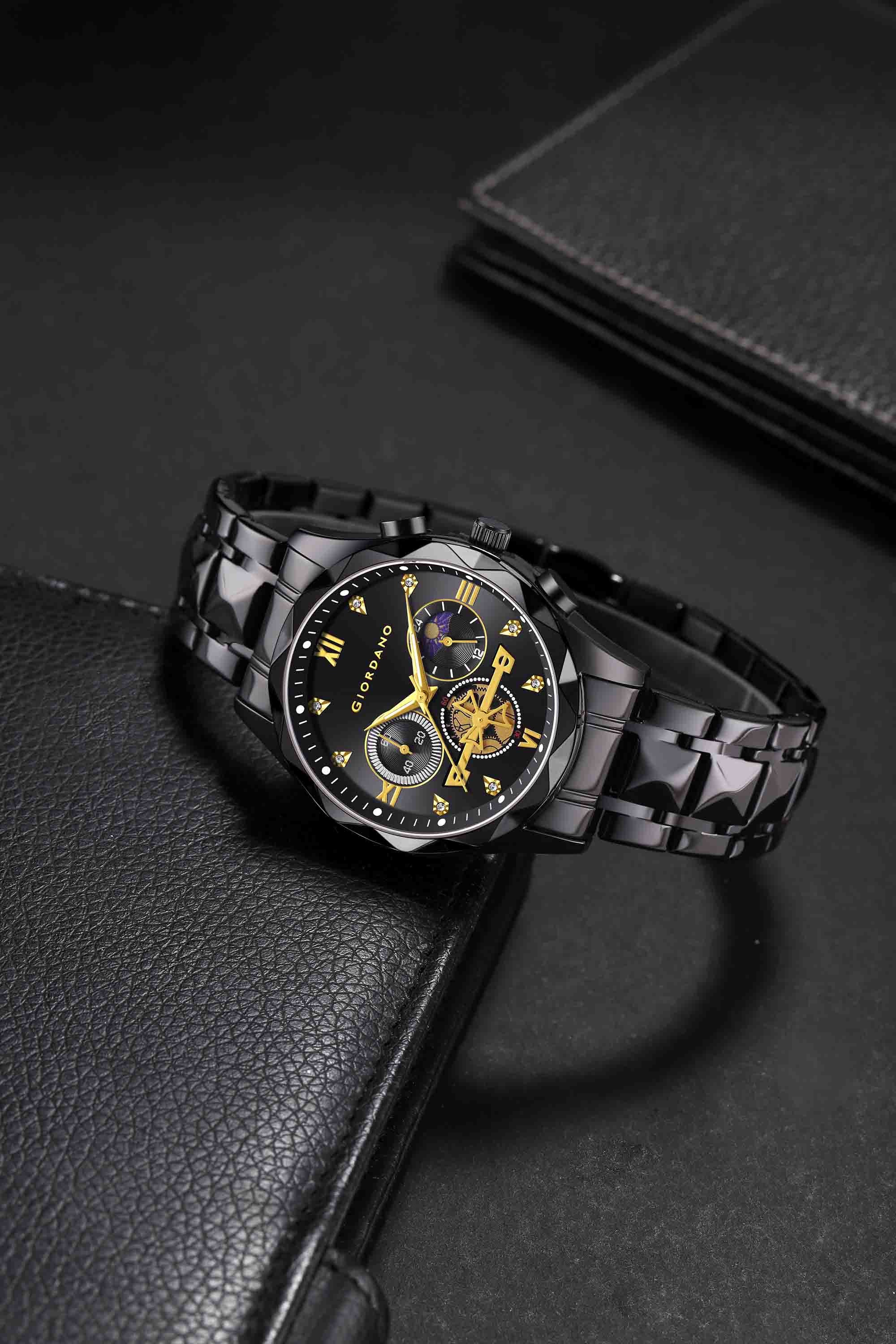 Giordano Chronograph Analog Quartz Watch for Men with Black Dial, Multifunction Subdials, Sun Moon Display, Crystal Hour Markers, Roman Numerals, Black Stainless Steel Strap - GZ-50236-11 - Image 3