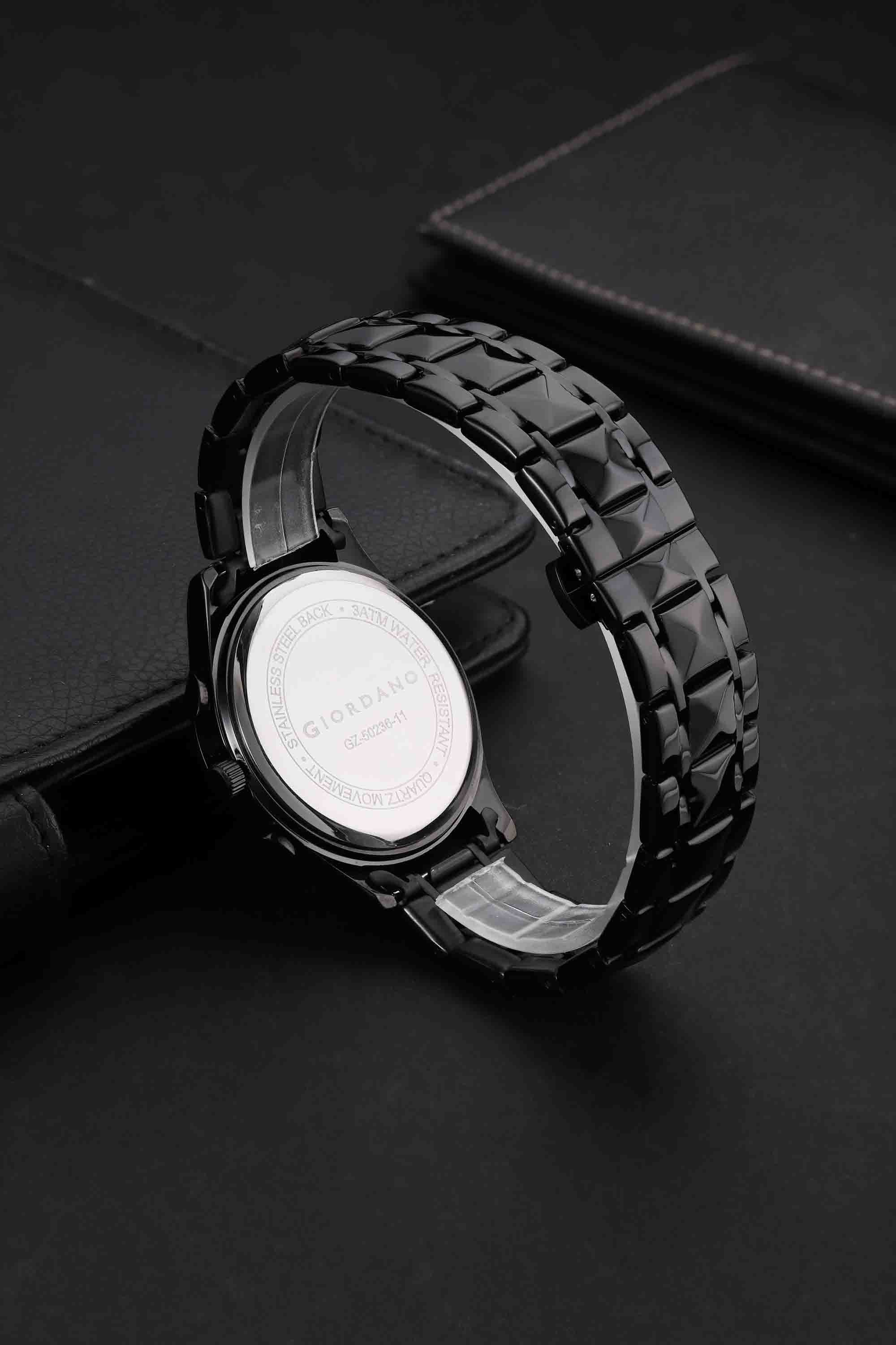 Giordano Chronograph Analog Quartz Watch for Men with Black Dial, Multifunction Subdials, Sun Moon Display, Crystal Hour Markers, Roman Numerals, Black Stainless Steel Strap - GZ-50236-11 - Image 4