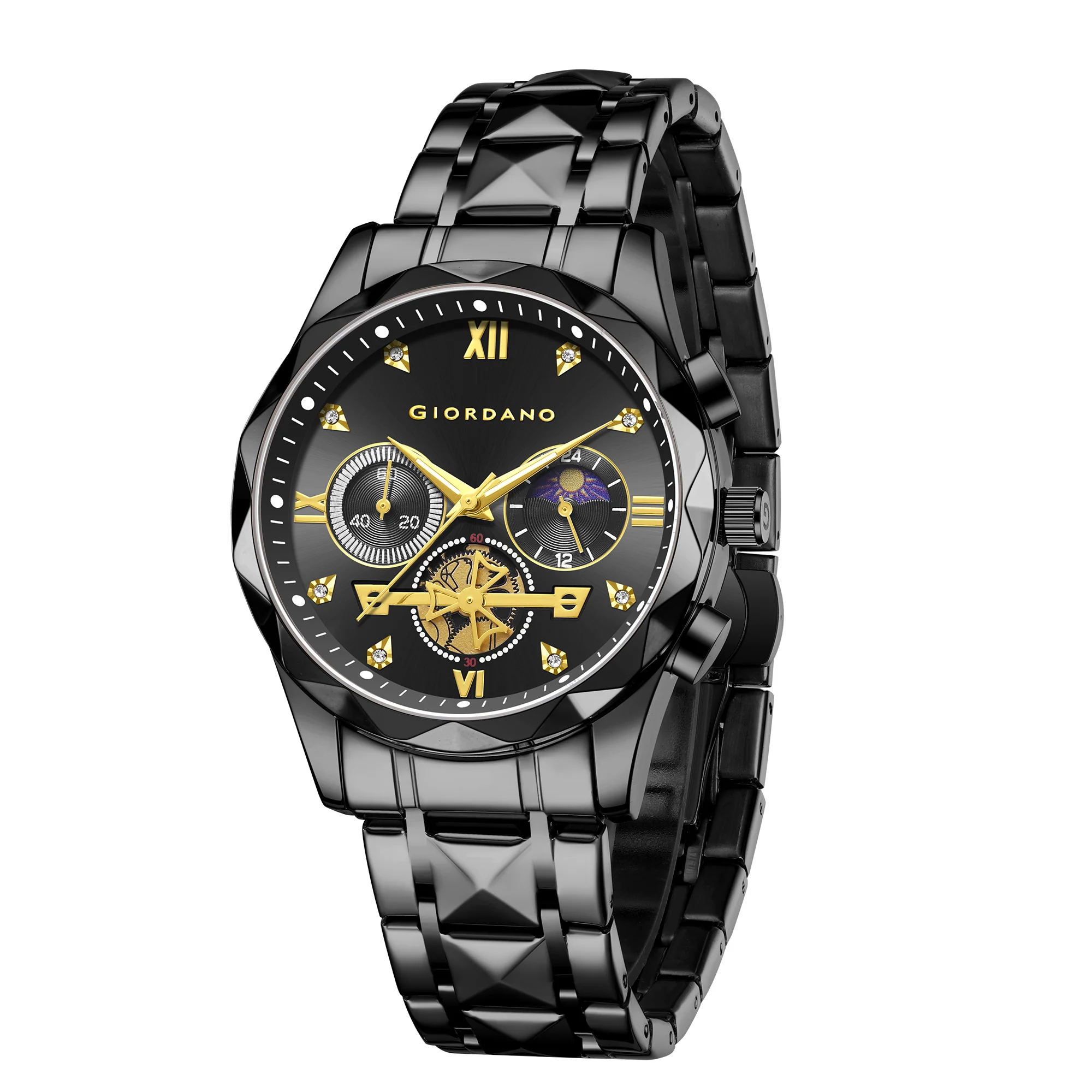 Giordano Chronograph Analog Quartz Watch for Men with Black Dial, Multifunction Subdials, Sun Moon Display, Crystal Hour Markers, Roman Numerals, Black Stainless Steel Strap - GZ-50236-11 - Image 5