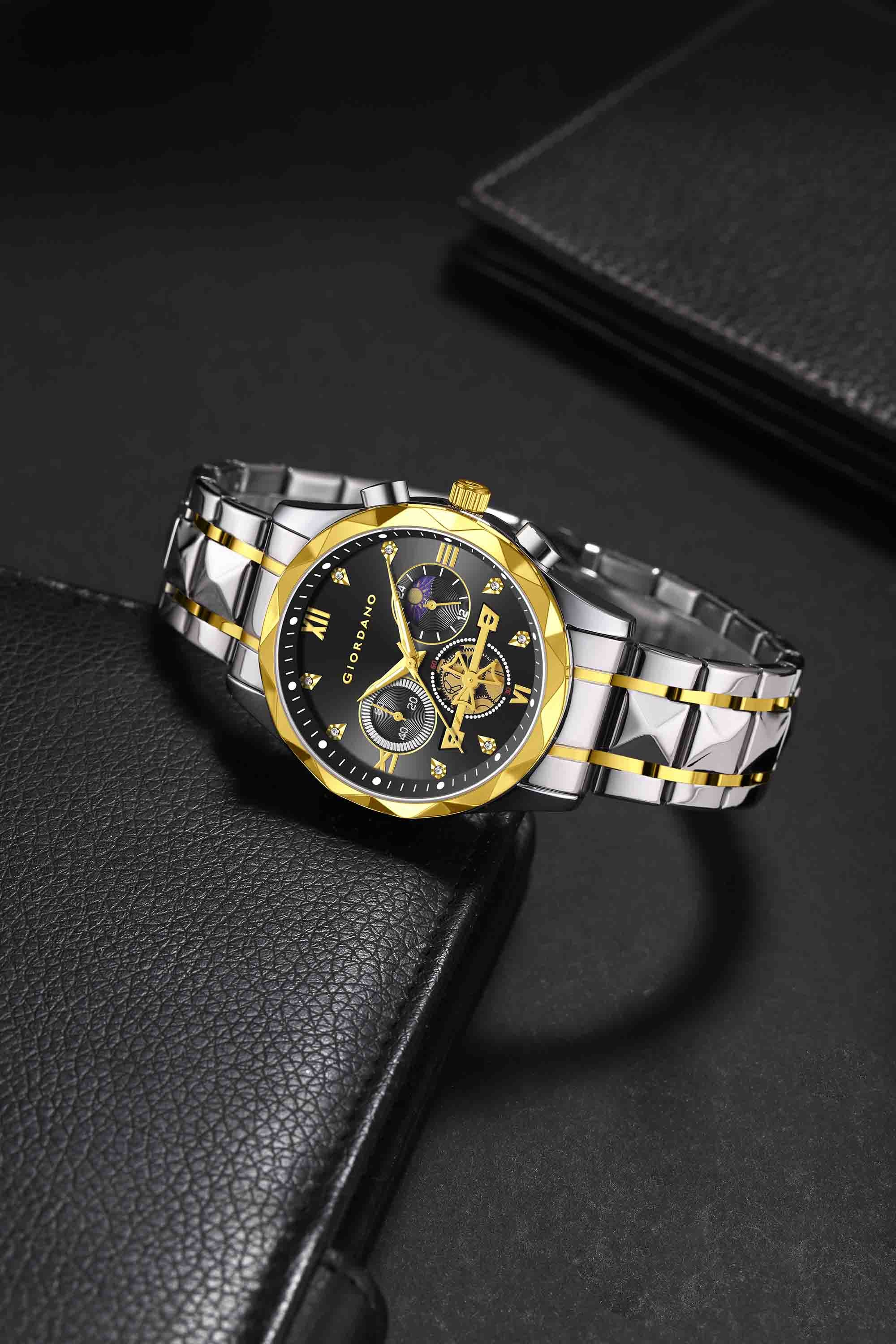 Giordano Chronograph Analog Quartz Watch for Men with Black Dial, Multifunction Subdials, Sun Moon Display, Crystal Hour Markers, Roman Numerals, Dual-Tone Stainless Steel Strap - GZ-50236-22 - Image 3