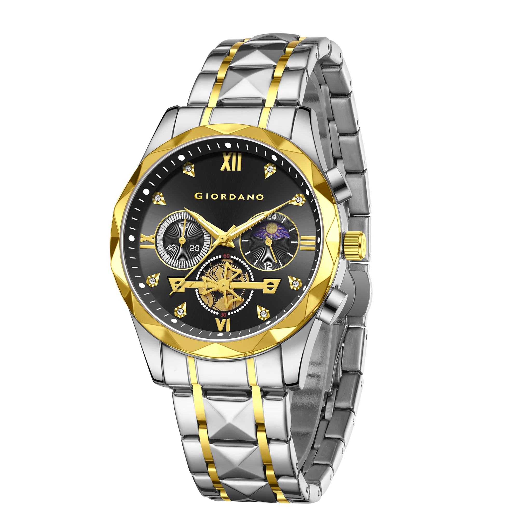Giordano Chronograph Analog Quartz Watch for Men with Black Dial, Multifunction Subdials, Sun Moon Display, Crystal Hour Markers, Roman Numerals, Dual-Tone Stainless Steel Strap - GZ-50236-22 - Image 5
