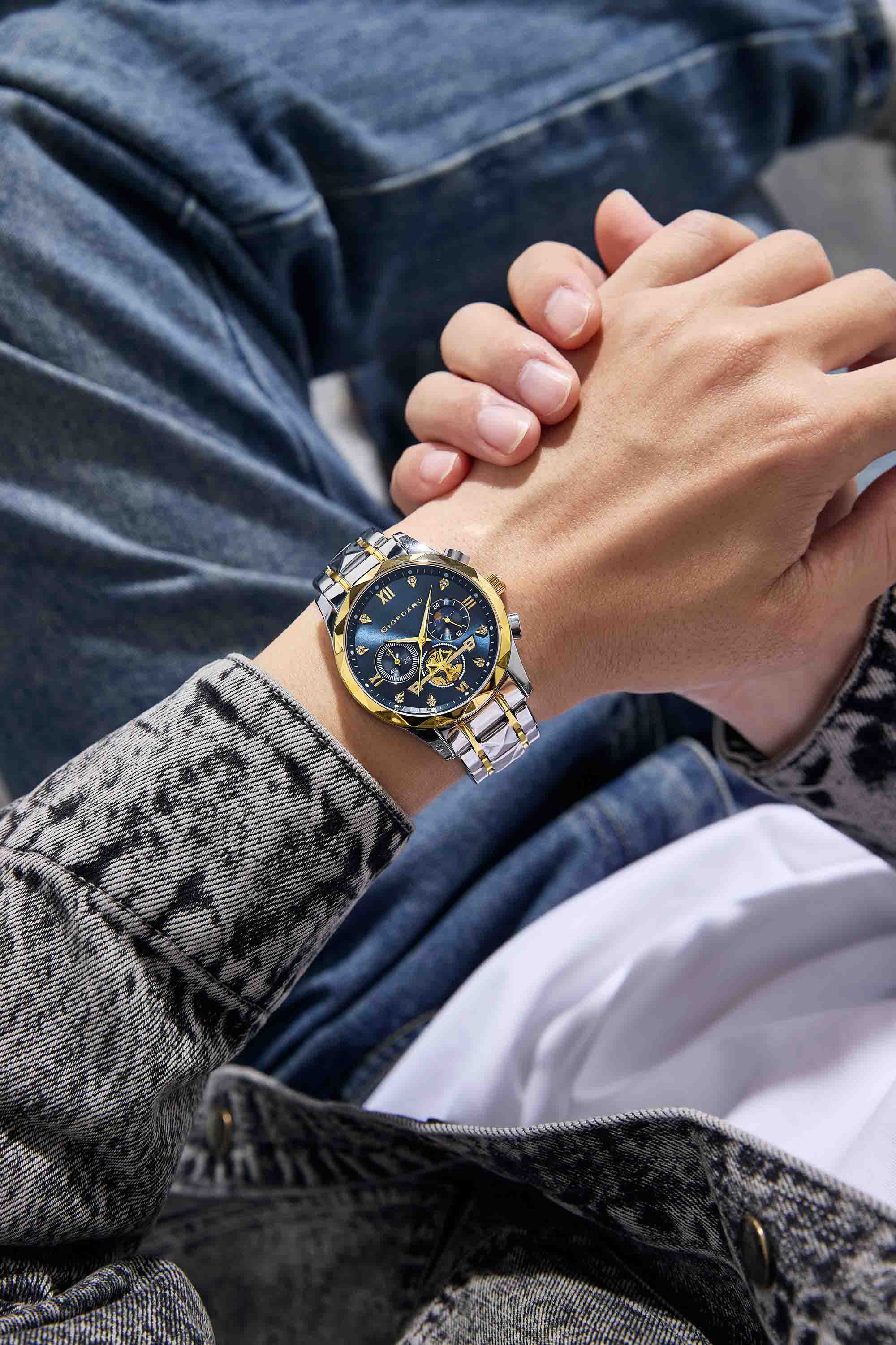 Giordano Chronograph Analog Quartz Watch for Men with Blue Dial, Multifunction Subdials, Sun Moon Display, Crystal Hour Markers, Roman Numerals, Dual-Tone Stainless Steel Strap - GZ-50236-44 - Image 2