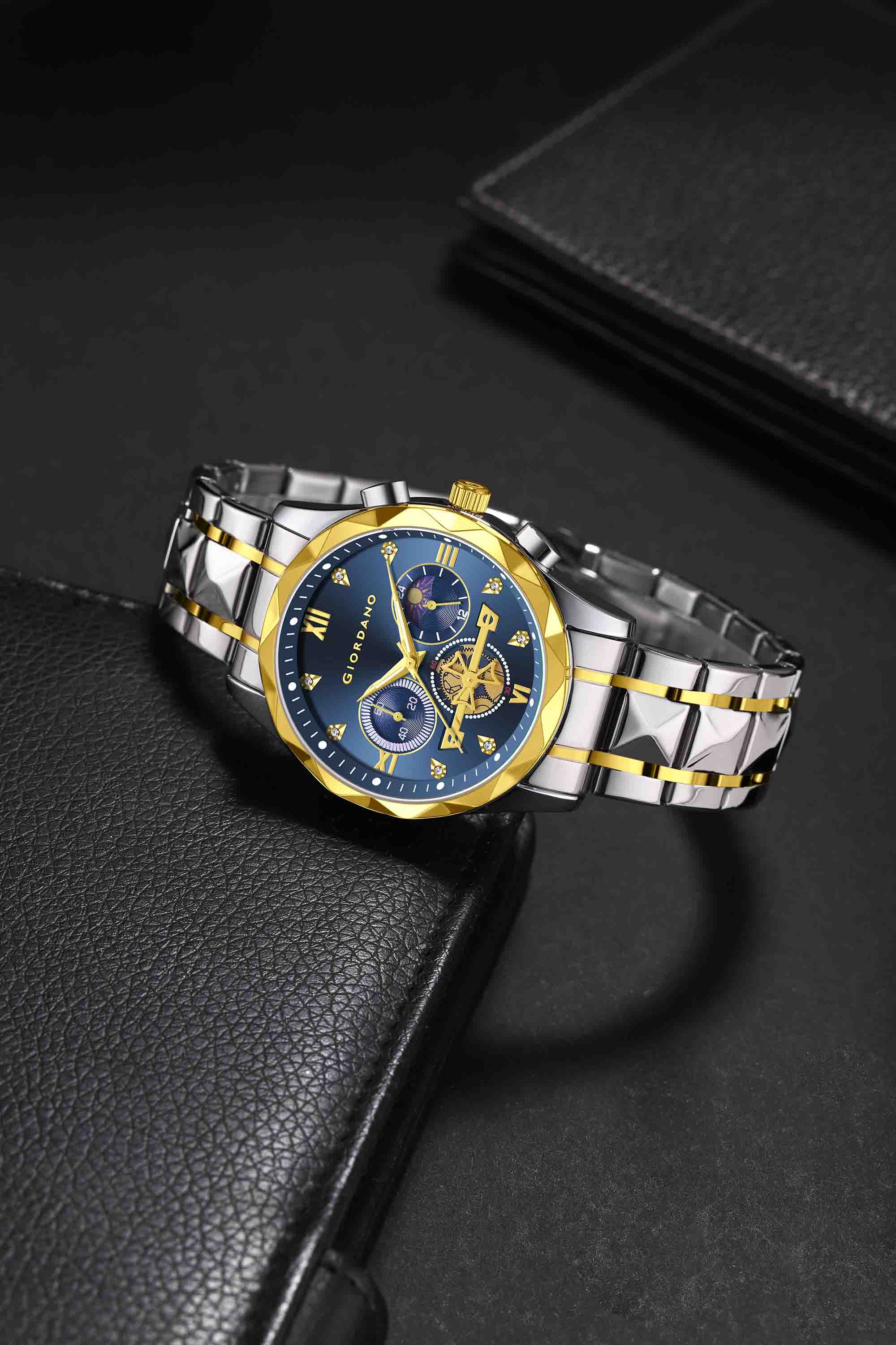 Giordano Chronograph Analog Quartz Watch for Men with Blue Dial, Multifunction Subdials, Sun Moon Display, Crystal Hour Markers, Roman Numerals, Dual-Tone Stainless Steel Strap - GZ-50236-44 - Image 3