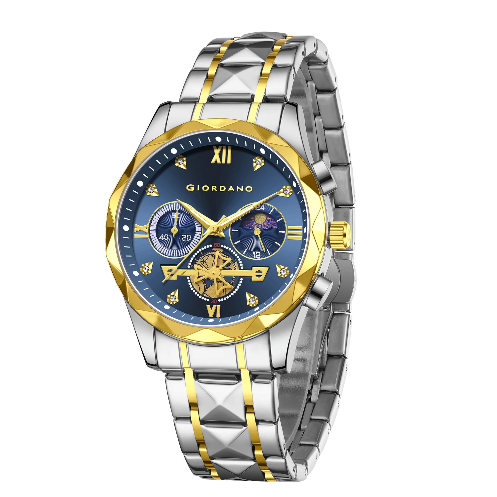 Giordano Chronograph Analog Quartz Watch for Men with Blue Dial, Multifunction Subdials, Sun Moon Display, Crystal Hour Markers, Roman Numerals, Dual-Tone Stainless Steel Strap - GZ-50236-44 - Image 5
