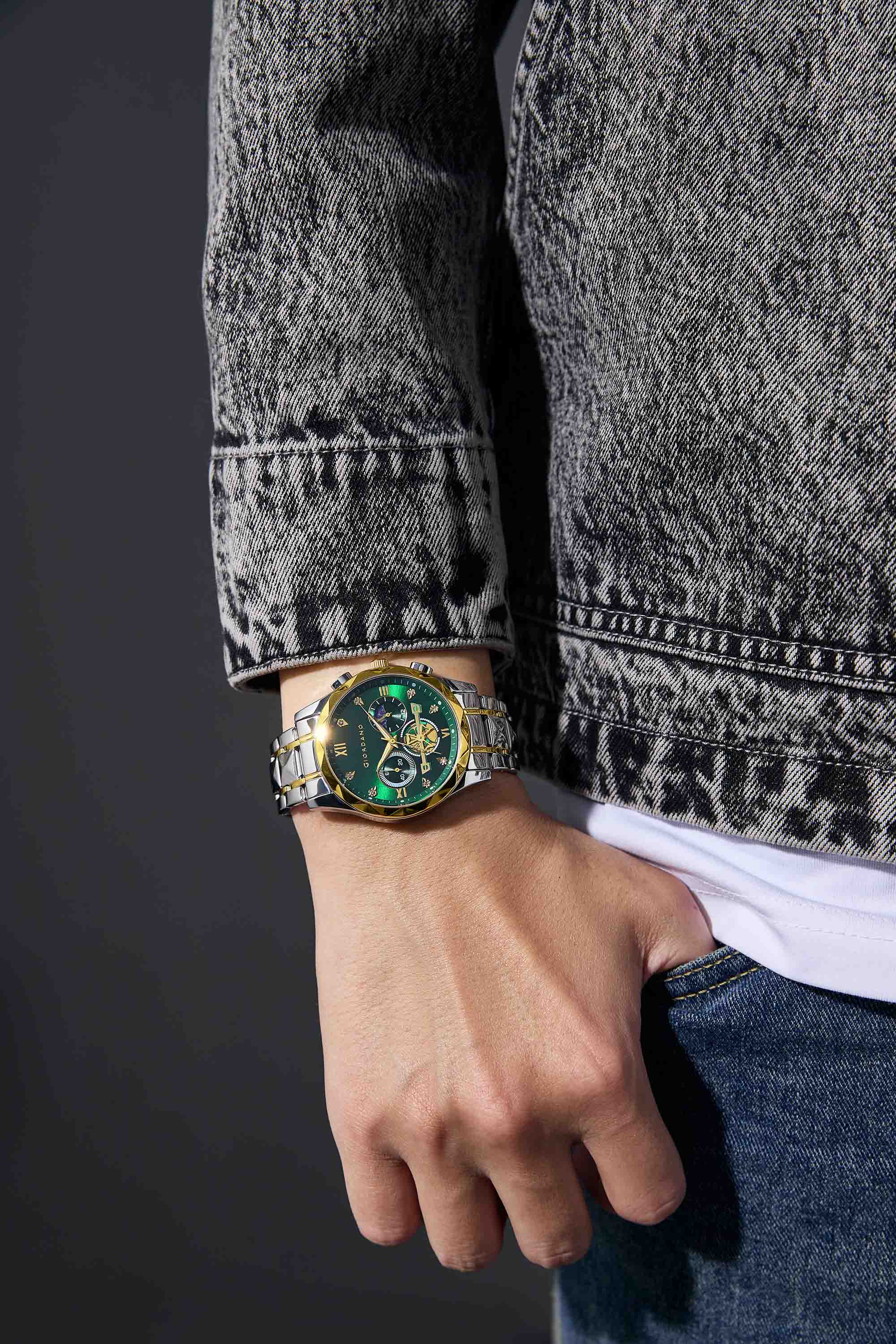 Giordano Chronograph Analog Quartz Watch for Men with Green Dial, Multifunction Subdials, Sun Moon Display, Crystal Hour Markers, Roman Numerals, Dual-Tone Stainless Steel Strap - GZ-50236-33 - Image 2