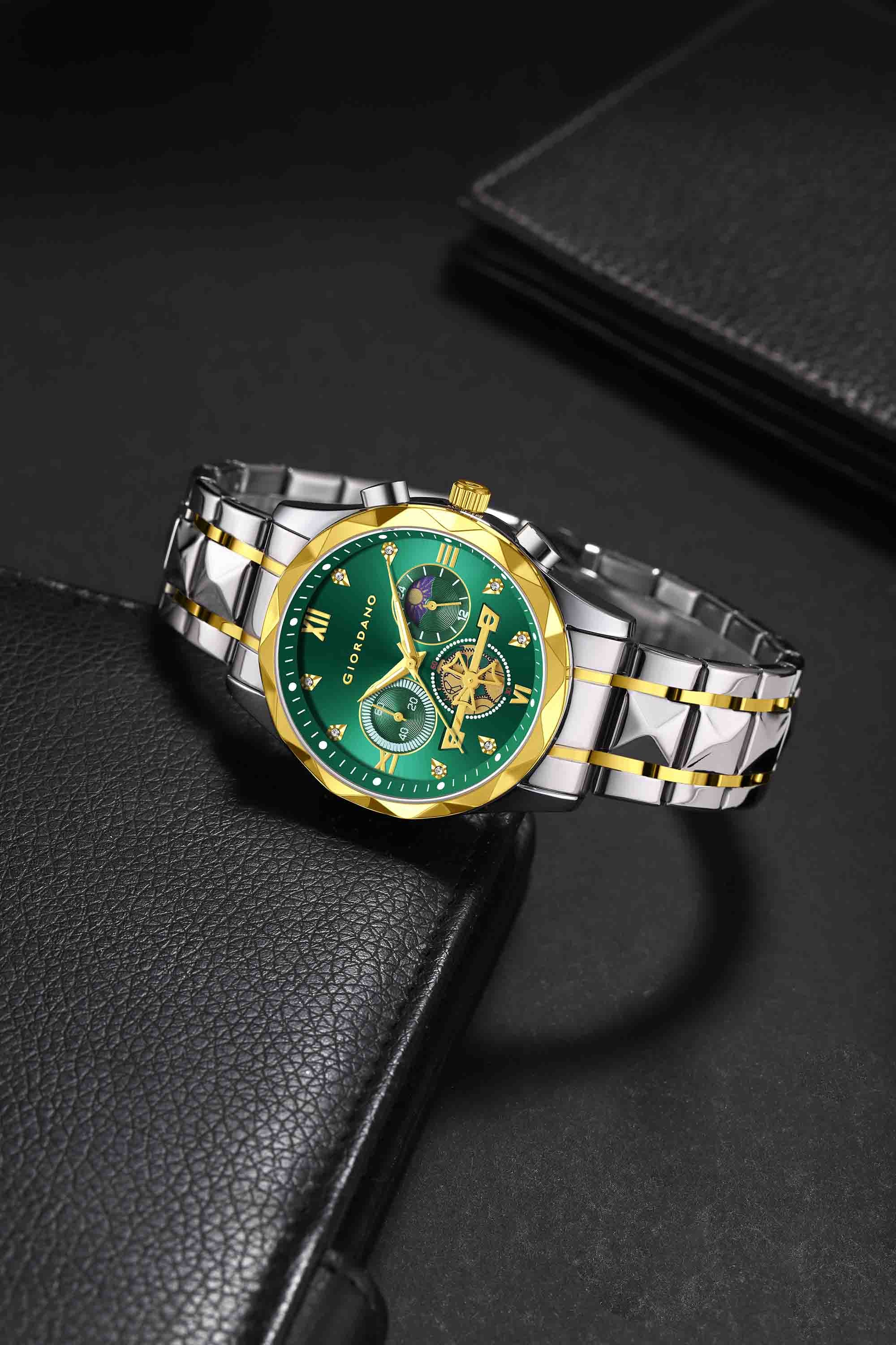 Giordano Chronograph Analog Quartz Watch for Men with Green Dial, Multifunction Subdials, Sun Moon Display, Crystal Hour Markers, Roman Numerals, Dual-Tone Stainless Steel Strap - GZ-50236-33 - Image 3