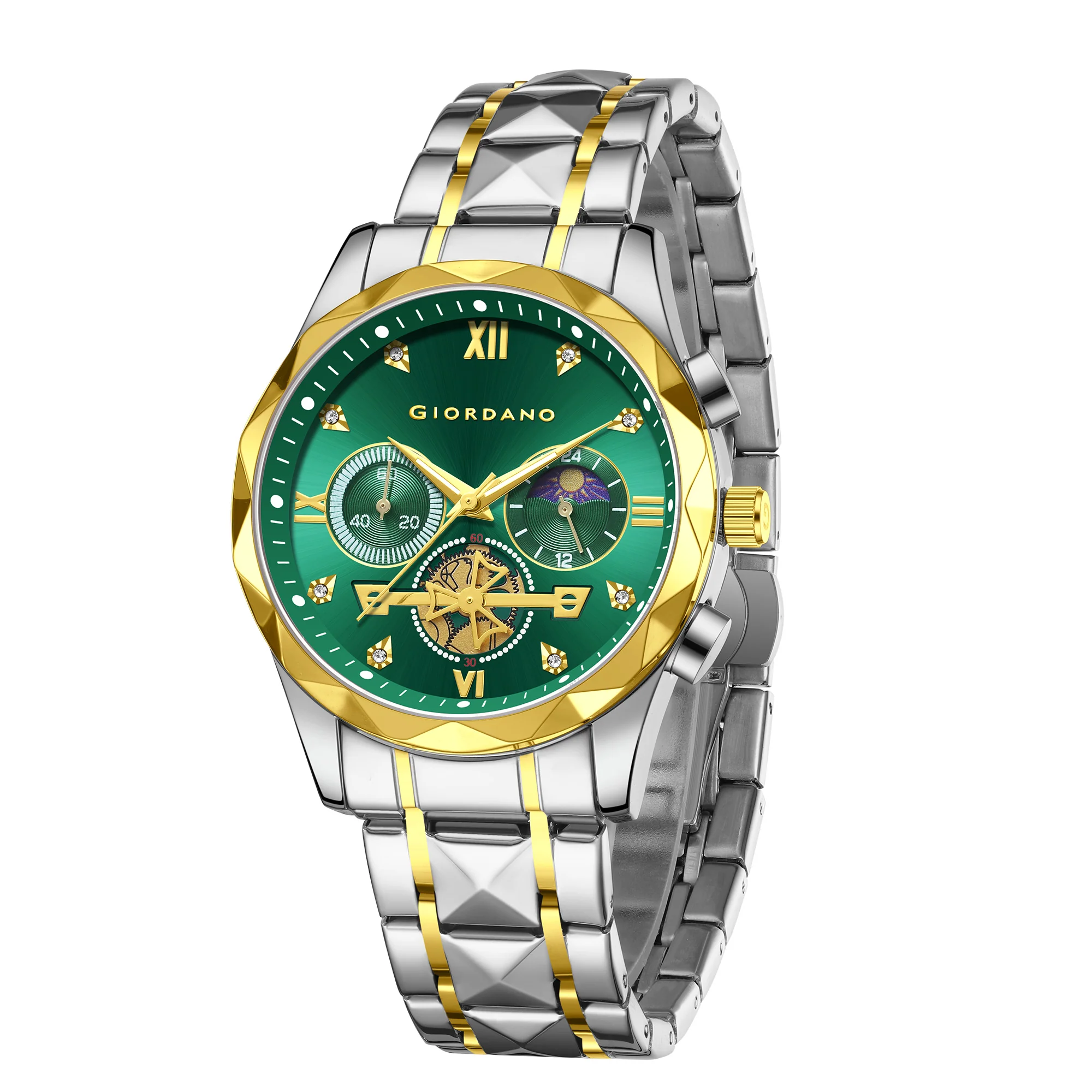 Giordano Chronograph Analog Quartz Watch for Men with Green Dial, Multifunction Subdials, Sun Moon Display, Crystal Hour Markers, Roman Numerals, Dual-Tone Stainless Steel Strap - GZ-50236-33 - Image 5