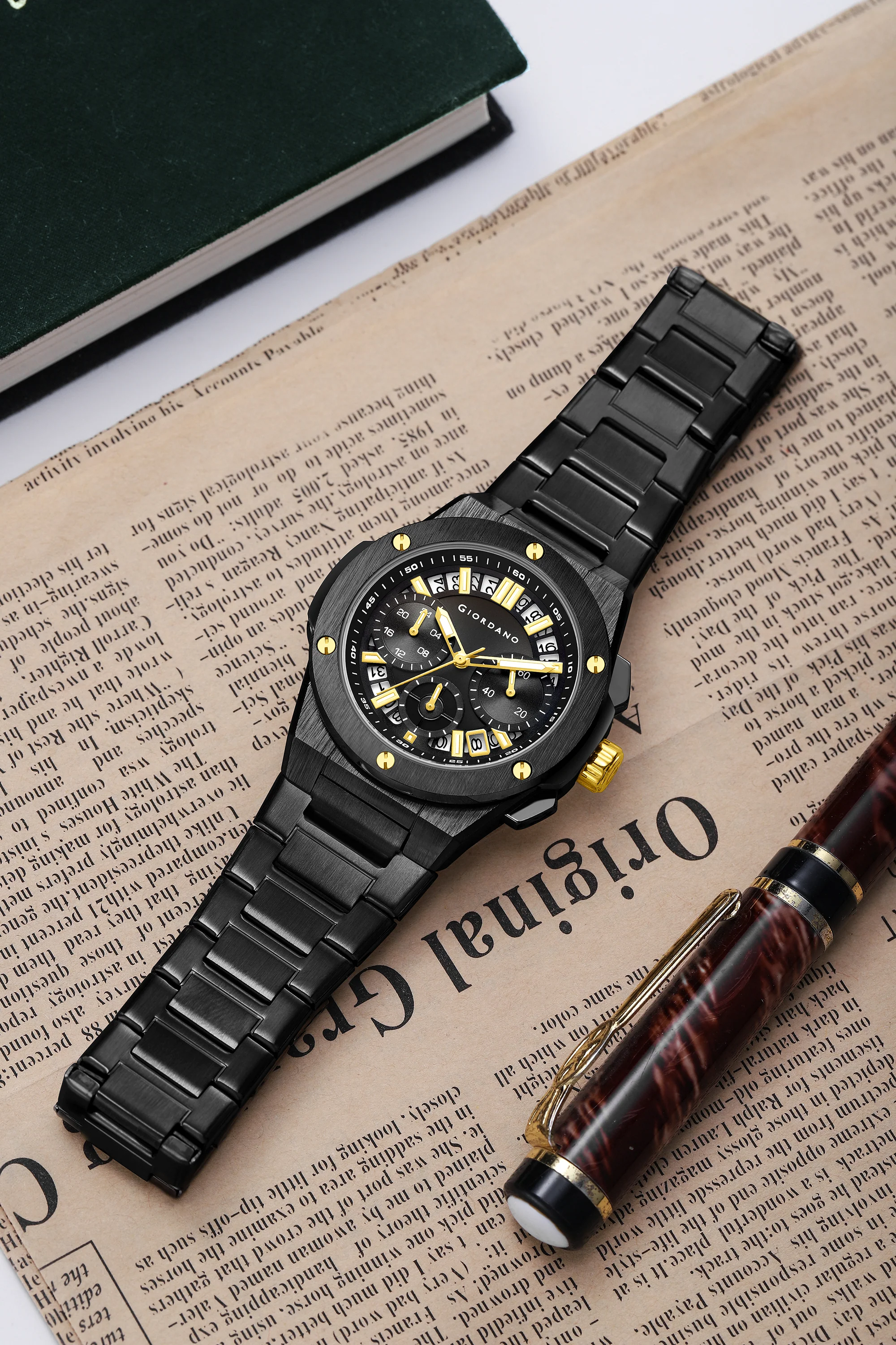 Giordano Chronograph Analog Quartz Watch for Men with Round Black Dial, Date Function, Luminous Hands and Markers, Black Stainless Steel Strap - GZ-50200-11 - Image 3