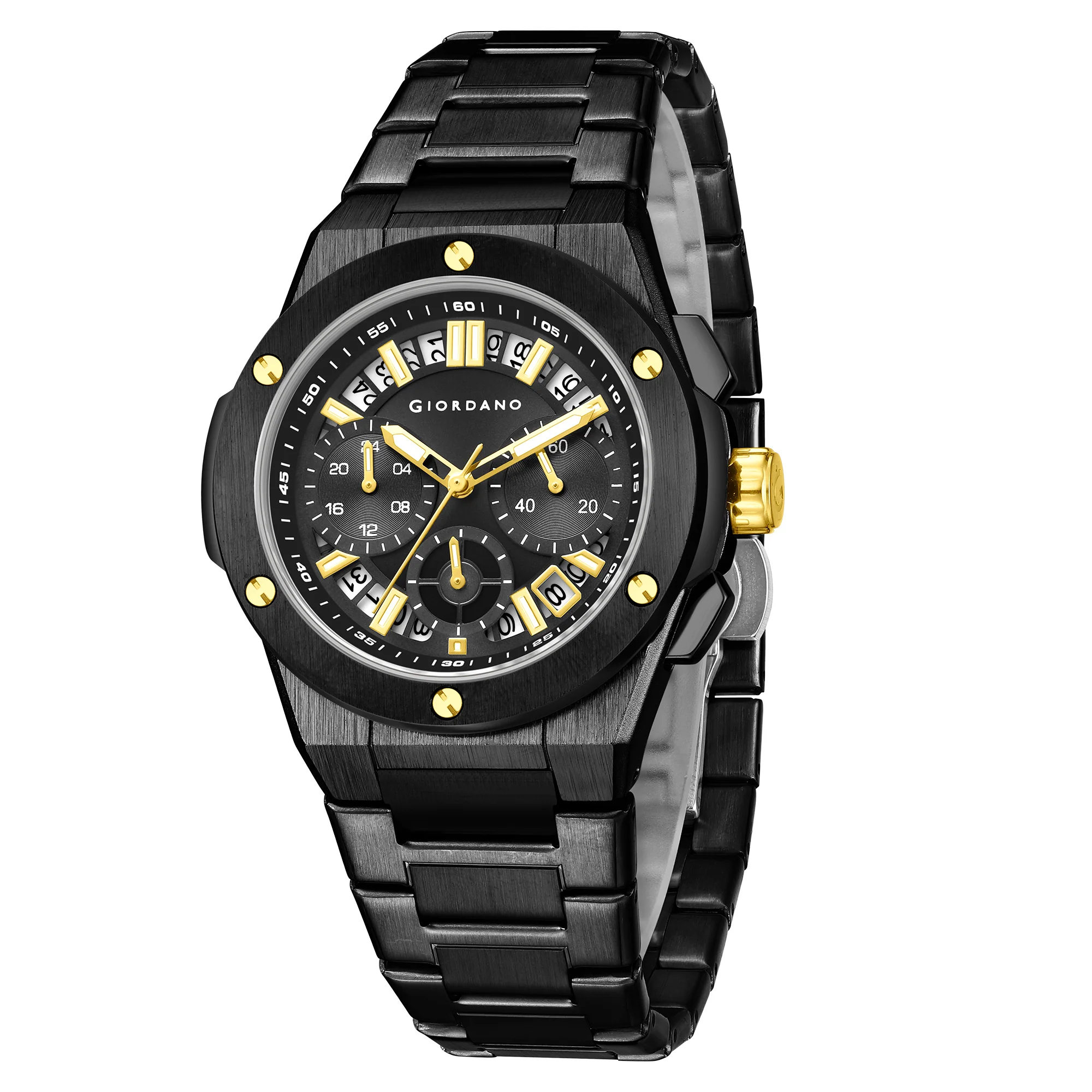 Giordano Chronograph Analog Quartz Watch for Men with Round Black Dial, Date Function, Luminous Hands and Markers, Black Stainless Steel Strap - GZ-50200-11 - Image 5