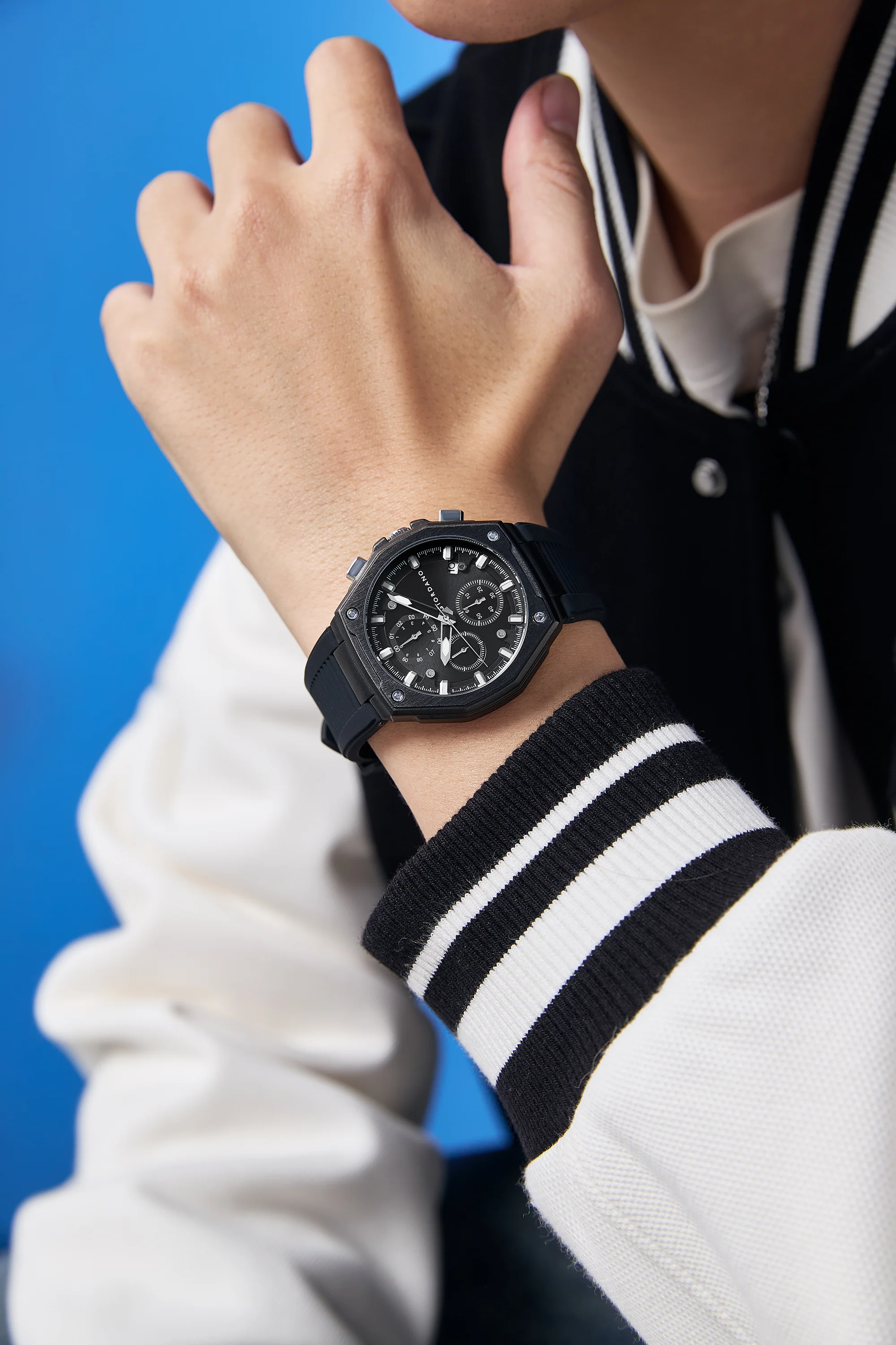 Giordano Chronograph Analog Quartz Watch for Men with Round Black Dial, Octgonal case, Date Function, Luminous Hands and Hour Markers, Black Silicone Strap - GZ-50197-11 - Image 2