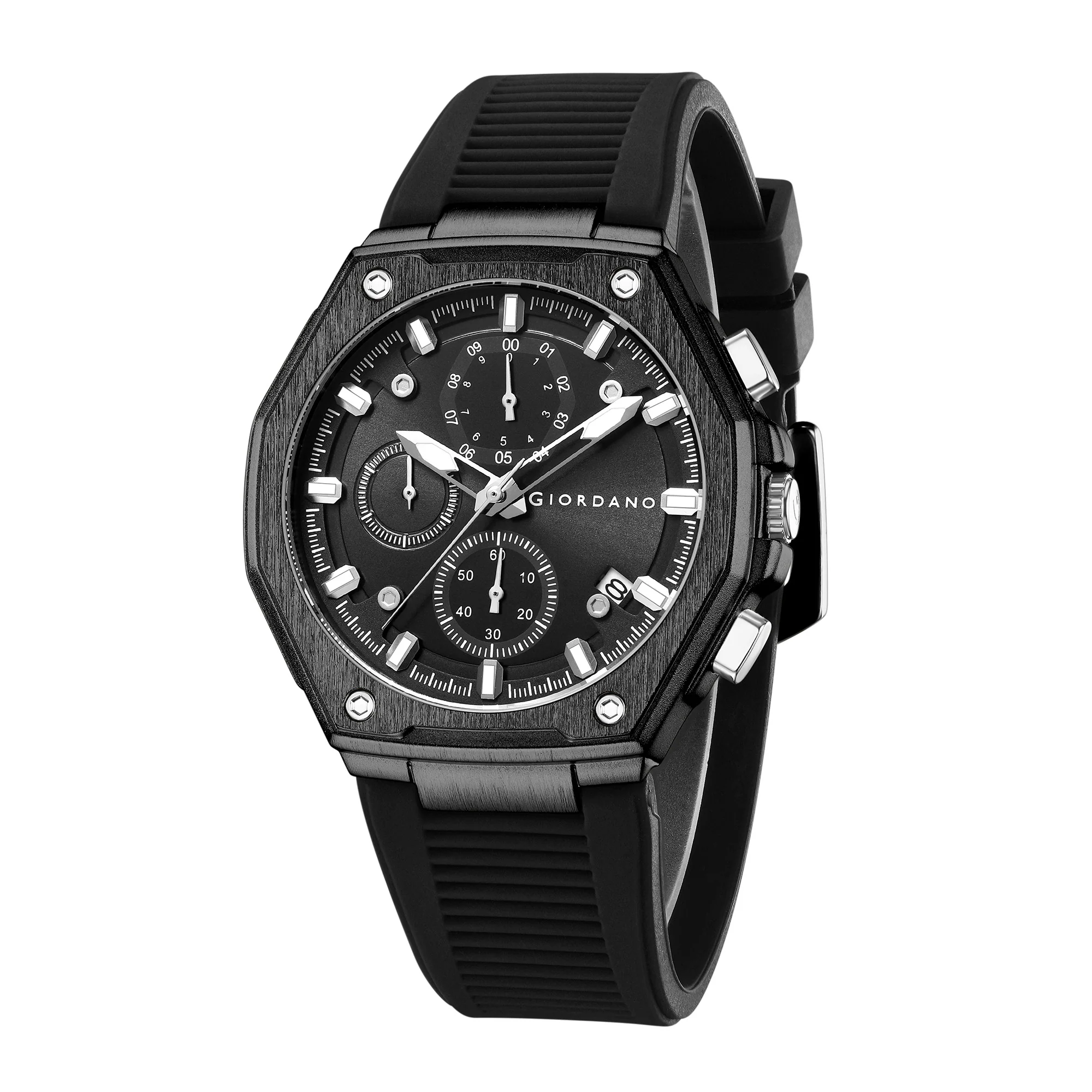 Giordano Chronograph Analog Quartz Watch for Men with Round Black Dial, Octgonal case, Date Function, Luminous Hands and Hour Markers, Black Silicone Strap - GZ-50197-11 - Image 5