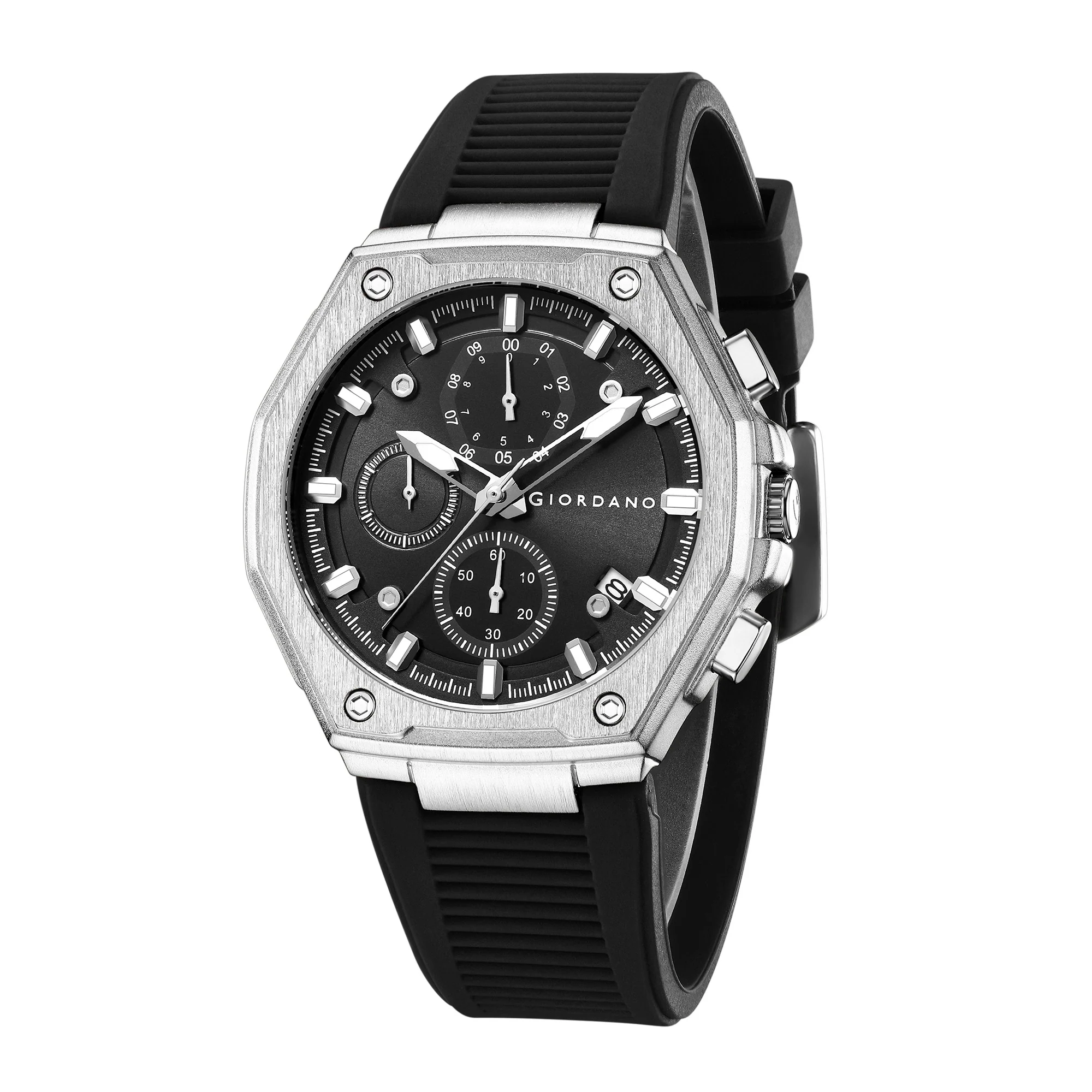 Giordano Chronograph Analog Quartz Watch for Men with Round Black Dial, Octgonal case, Date Function, Luminous Hands and Hour Markers, Black Silicone Strap - GZ-50197-22 - Image 5