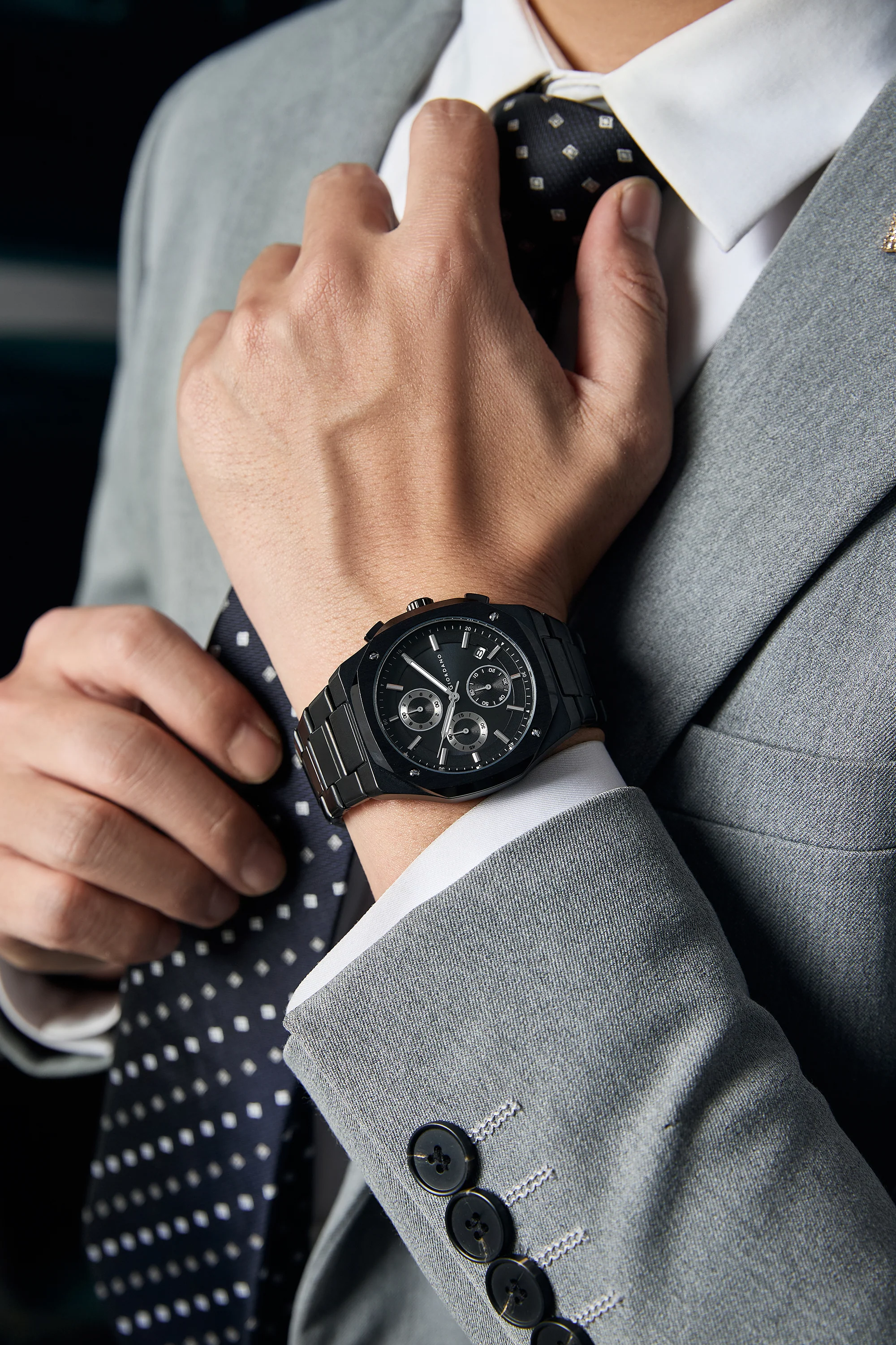 Giordano Chronograph Analog Quartz Watch for Men with Round Black Dial, Octgonal case, Date Function, Luminous Hands and Hour Markers, Black Stainless Steel Strap - GZ-50202-11 - Image 2