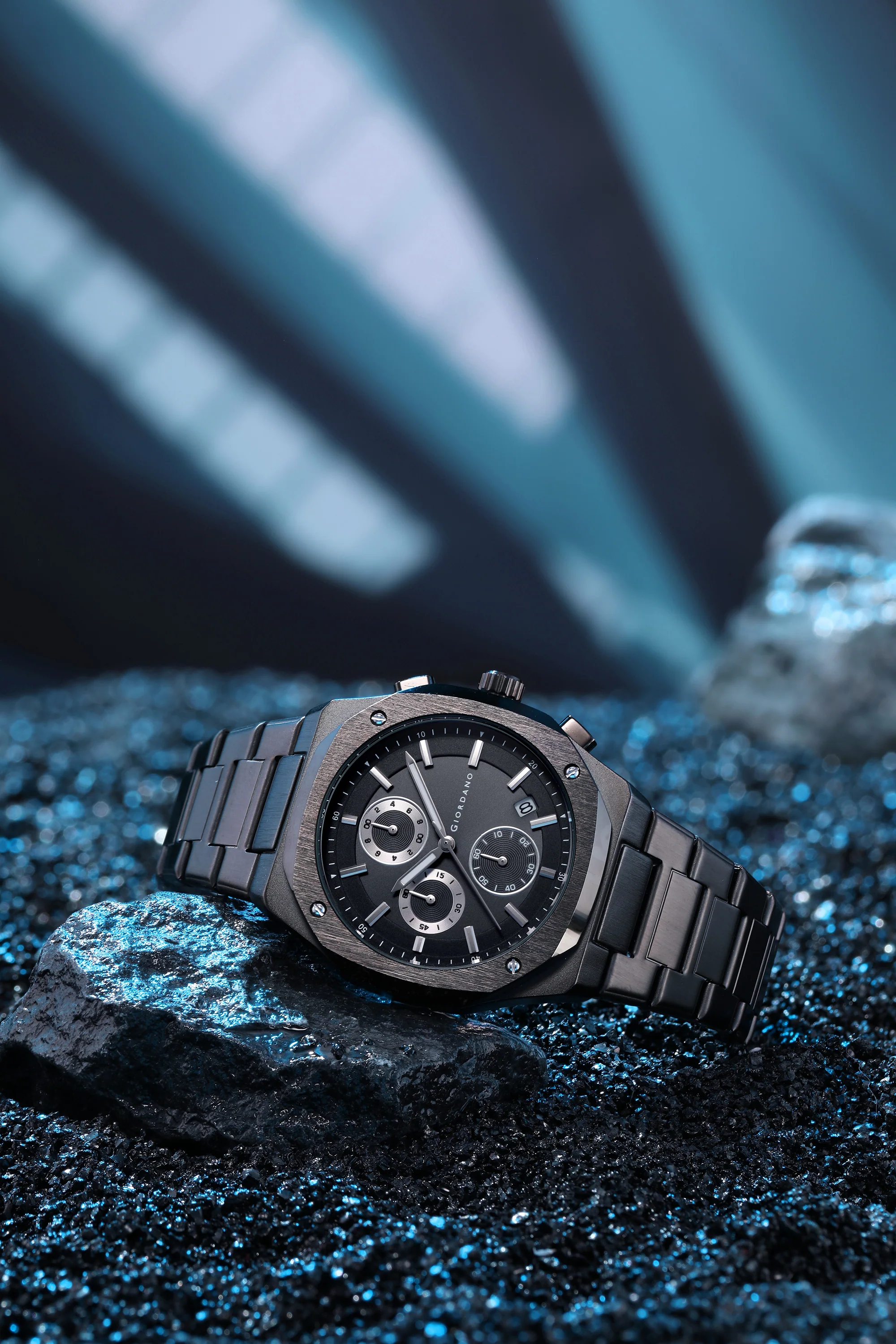 Giordano Chronograph Analog Quartz Watch for Men with Round Black Dial, Octgonal case, Date Function, Luminous Hands and Hour Markers, Black Stainless Steel Strap - GZ-50202-11 - Image 3