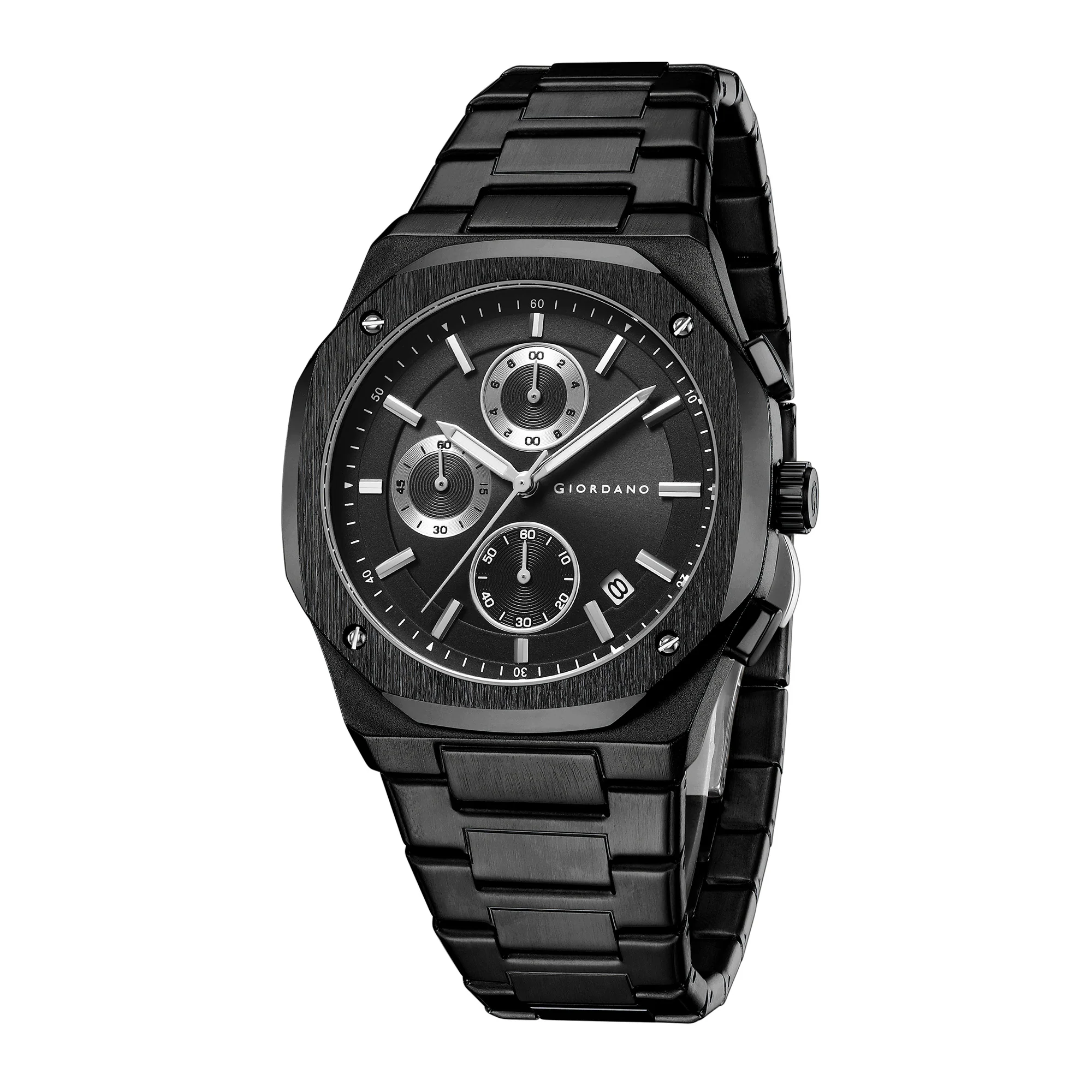 Giordano Chronograph Analog Quartz Watch for Men with Round Black Dial, Octgonal case, Date Function, Luminous Hands and Hour Markers, Black Stainless Steel Strap - GZ-50202-11 - Image 5
