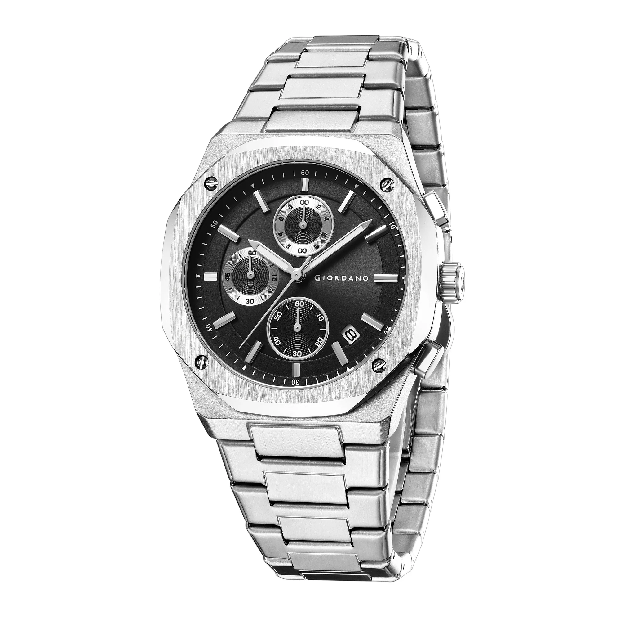 Giordano Chronograph Analog Quartz Watch for Men with Round Black Dial, Octgonal case, Date Function, Luminous Hands and Hour Markers, Silver Stainless Steel Strap - GZ-50202-33 - Image 4