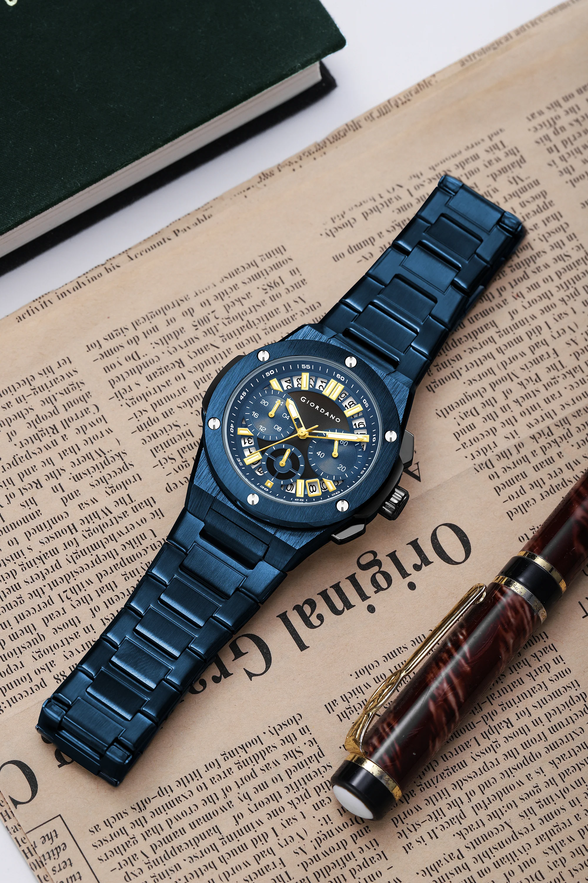 Giordano Chronograph Analog Quartz Watch for Men with Round Blue Dial, Date Function, Luminous Hands and Markers, Blue Stainless Steel Strap - GZ-50200-22 - Image 3