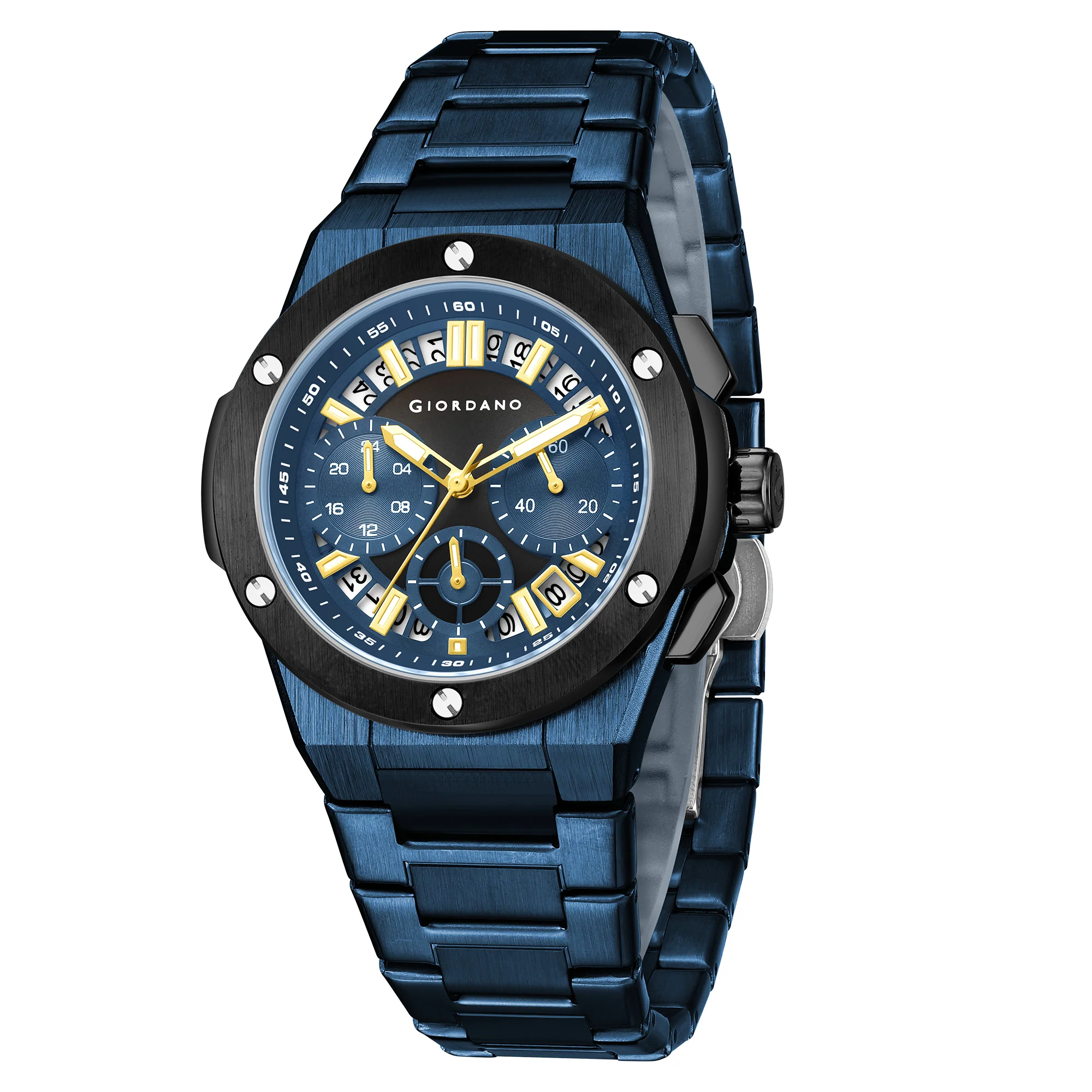 Giordano Chronograph Analog Quartz Watch for Men with Round Blue Dial, Date Function, Luminous Hands and Markers, Blue Stainless Steel Strap - GZ-50200-22 - Image 5
