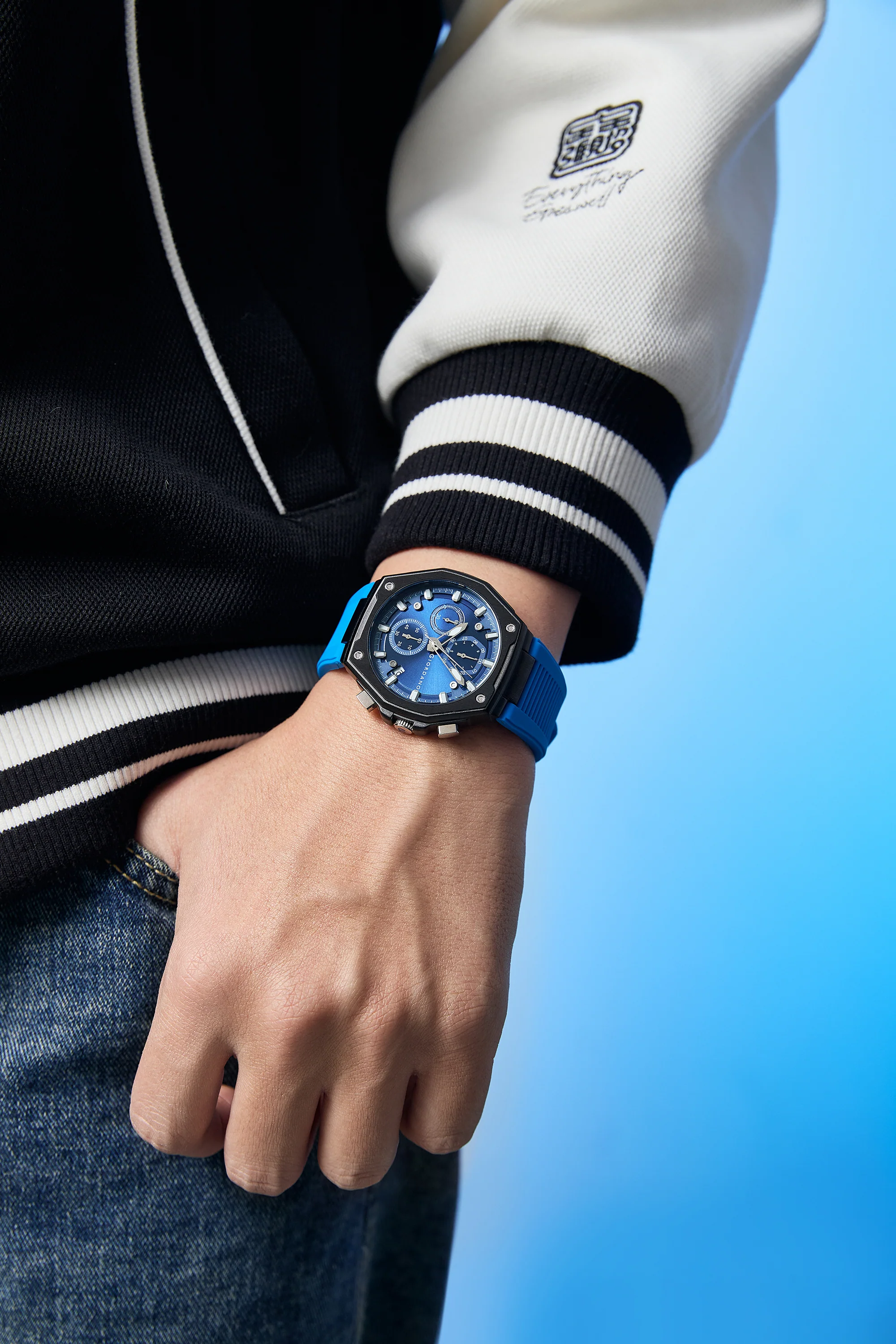Giordano Chronograph Analog Quartz Watch for Men with Round Blue Dial, Octgonal case, Date Function, Luminous Hands and Hour Markers, Blue Silicone Strap - GZ-50197-33 - Image 2