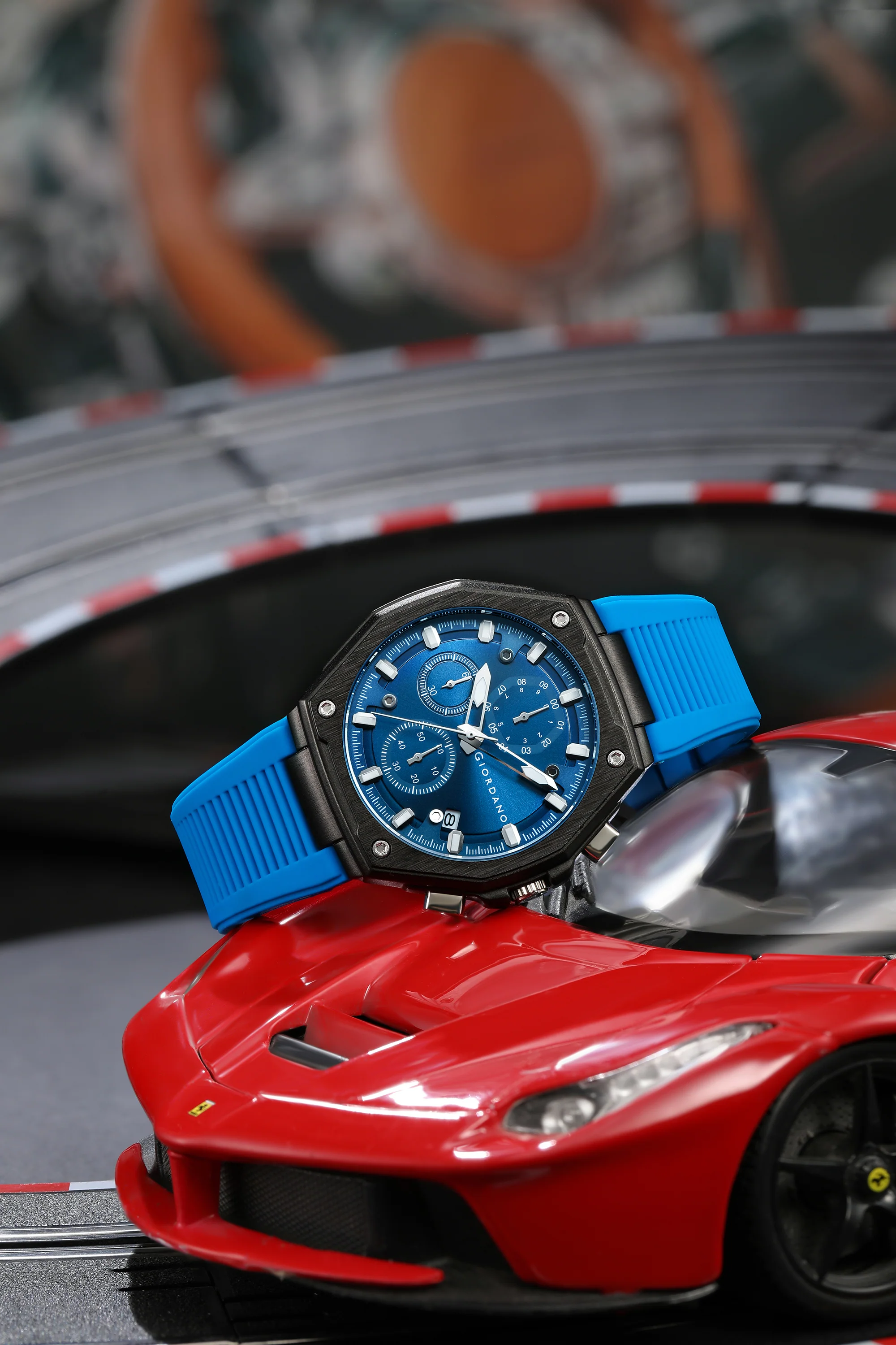Giordano Chronograph Analog Quartz Watch for Men with Round Blue Dial, Octgonal case, Date Function, Luminous Hands and Hour Markers, Blue Silicone Strap - GZ-50197-33 - Image 3