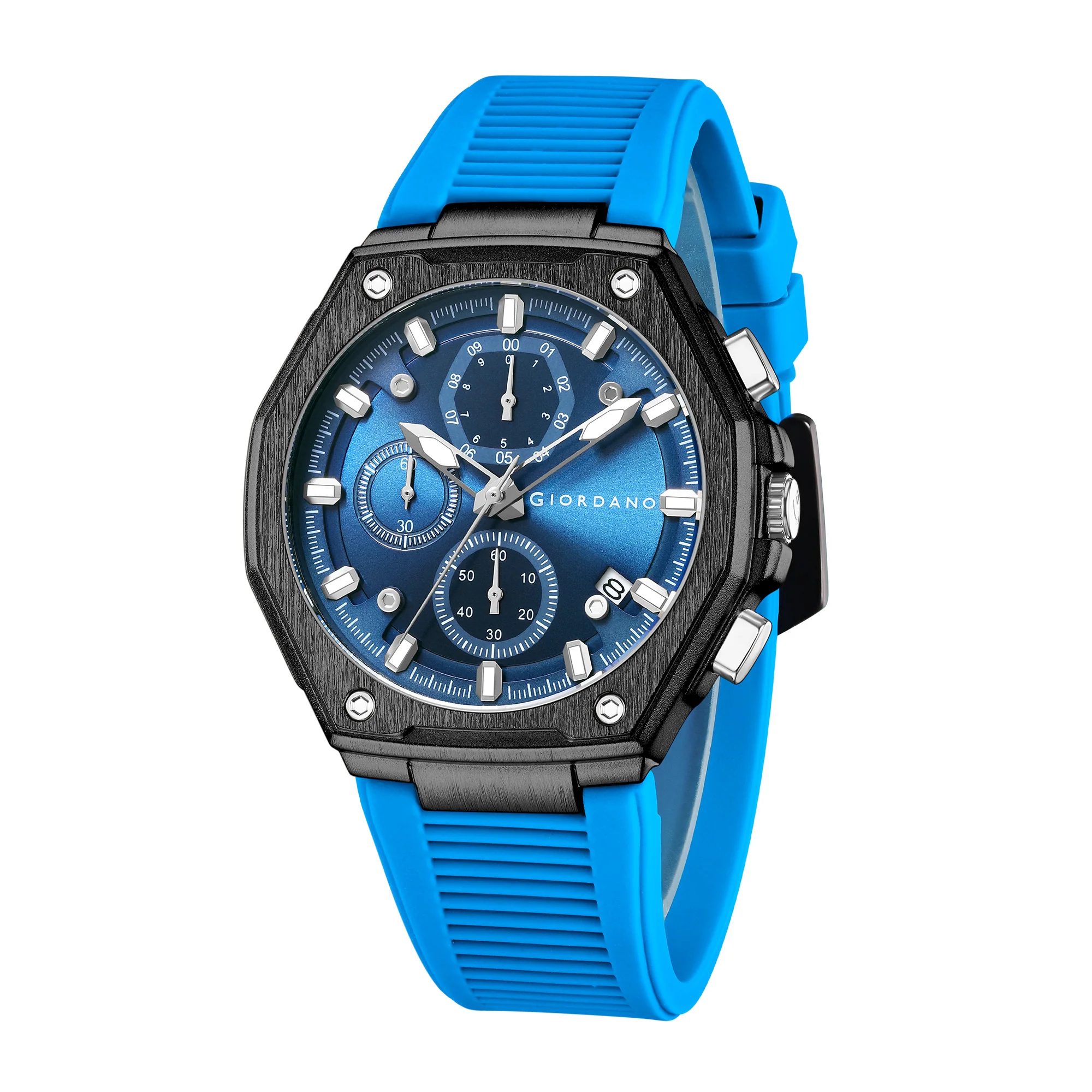 Giordano Chronograph Analog Quartz Watch for Men with Round Blue Dial, Octgonal case, Date Function, Luminous Hands and Hour Markers, Blue Silicone Strap - GZ-50197-33 - Image 5