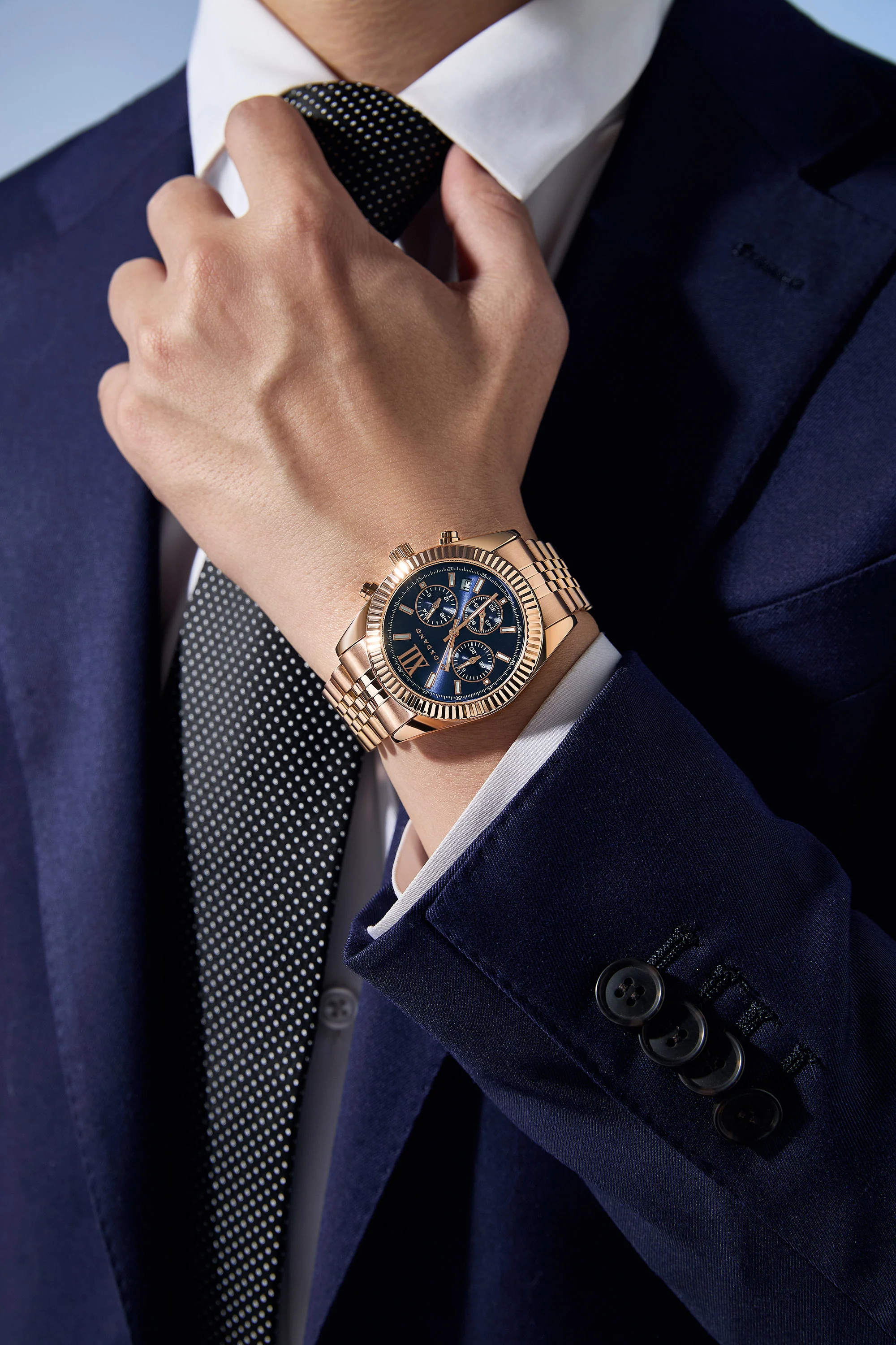 Giordano Chronograph Analog Quartz Watch for Men with Round Blue Dial, Roman indices, Date Function, Luminos hands and Markers, Rose Gold Stainless Steel Strap - GZ-50217-55 - Image 2
