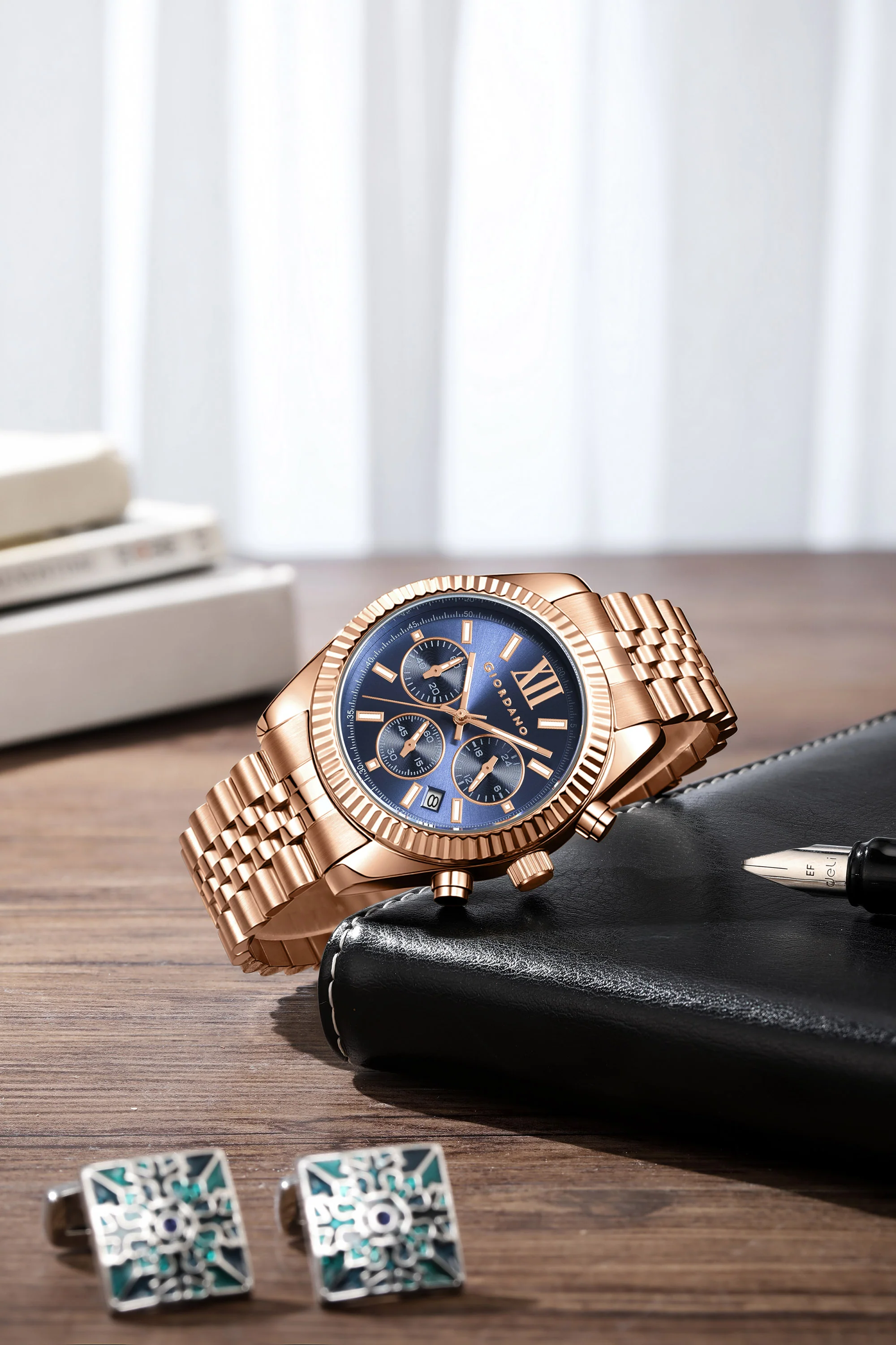 Giordano Chronograph Analog Quartz Watch for Men with Round Blue Dial, Roman indices, Date Function, Luminos hands and Markers, Rose Gold Stainless Steel Strap - GZ-50217-55 - Image 3