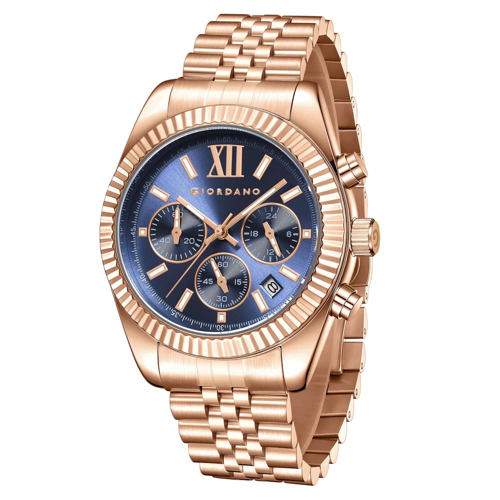 Giordano Chronograph Analog Quartz Watch for Men with Round Blue Dial, Roman indices, Date Function, Luminos hands and Markers, Rose Gold Stainless Steel Strap - GZ-50217-55 - Image 5