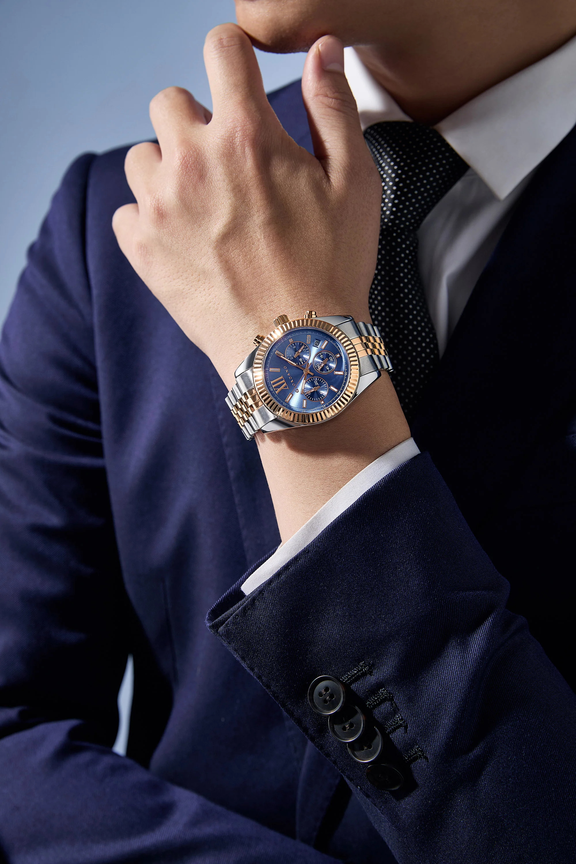 Giordano Chronograph Analog Quartz Watch for Men with Round Blue Dial, Roman indices, Date Function, Luminos hands and Markers, Silver and Rose Gold Stainless Steel Strap - GZ-50217-22 - Image 2