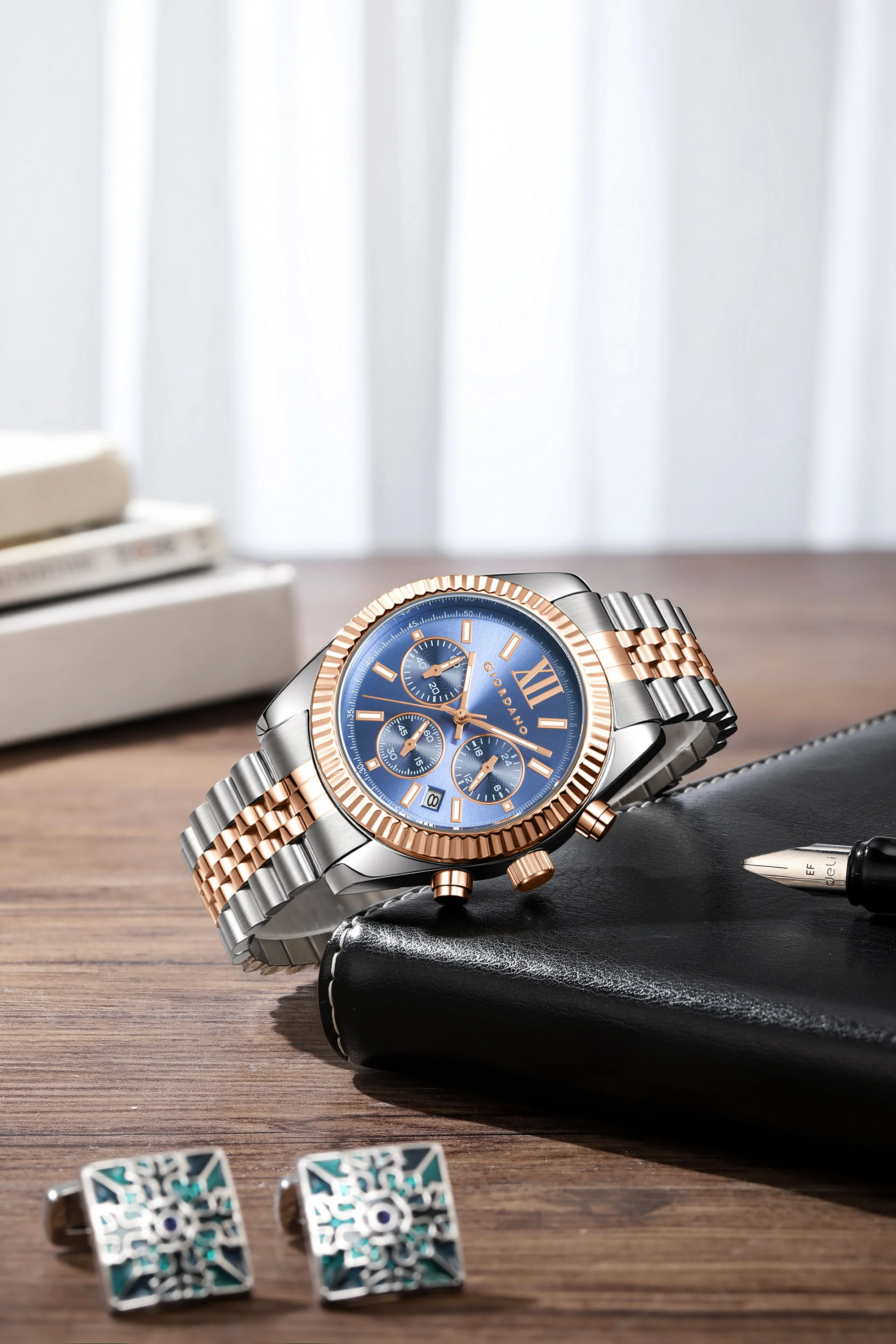 Giordano Chronograph Analog Quartz Watch for Men with Round Blue Dial, Roman indices, Date Function, Luminos hands and Markers, Silver and Rose Gold Stainless Steel Strap - GZ-50217-22 - Image 3
