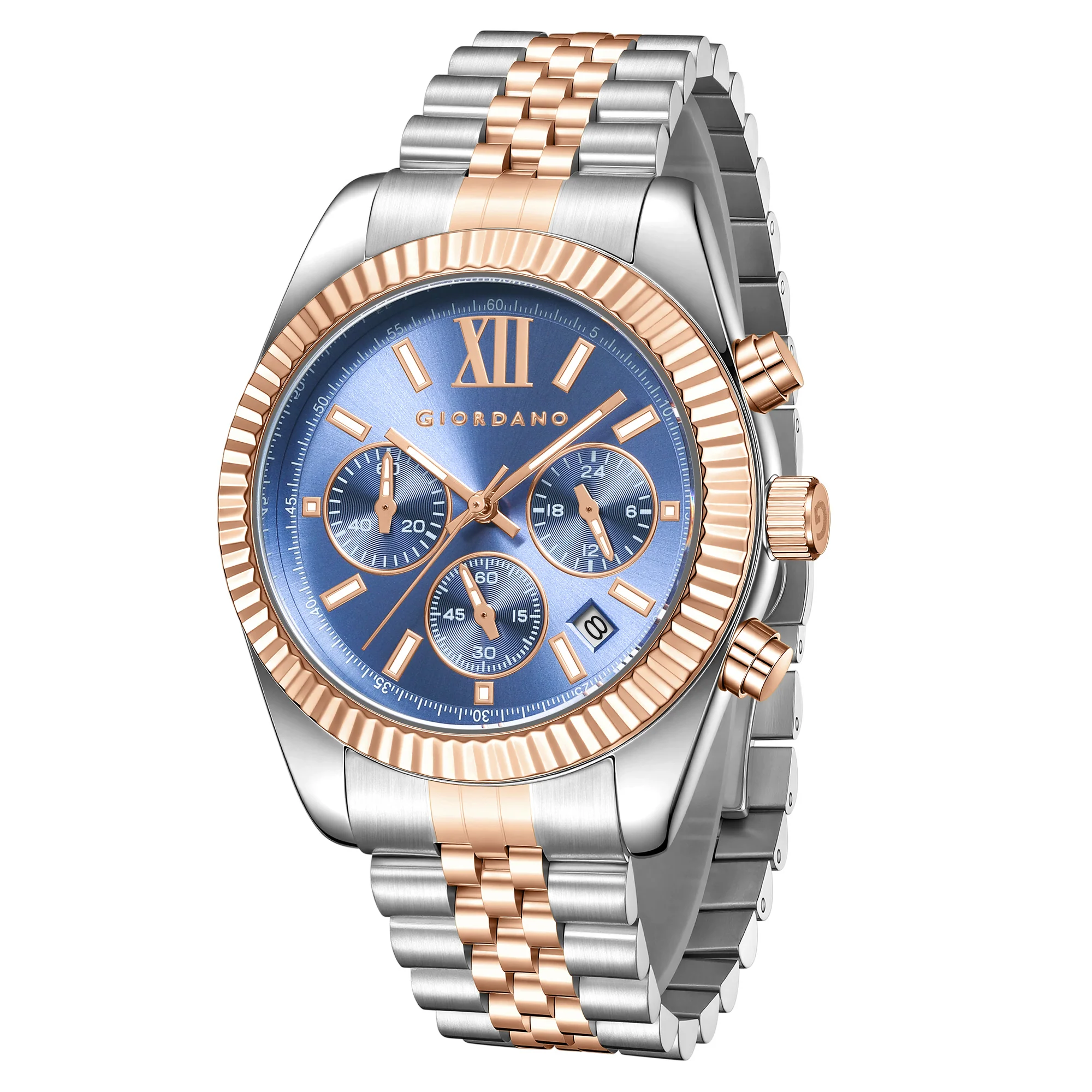 Giordano Chronograph Analog Quartz Watch for Men with Round Blue Dial, Roman indices, Date Function, Luminos hands and Markers, Silver and Rose Gold Stainless Steel Strap - GZ-50217-22 - Image 5