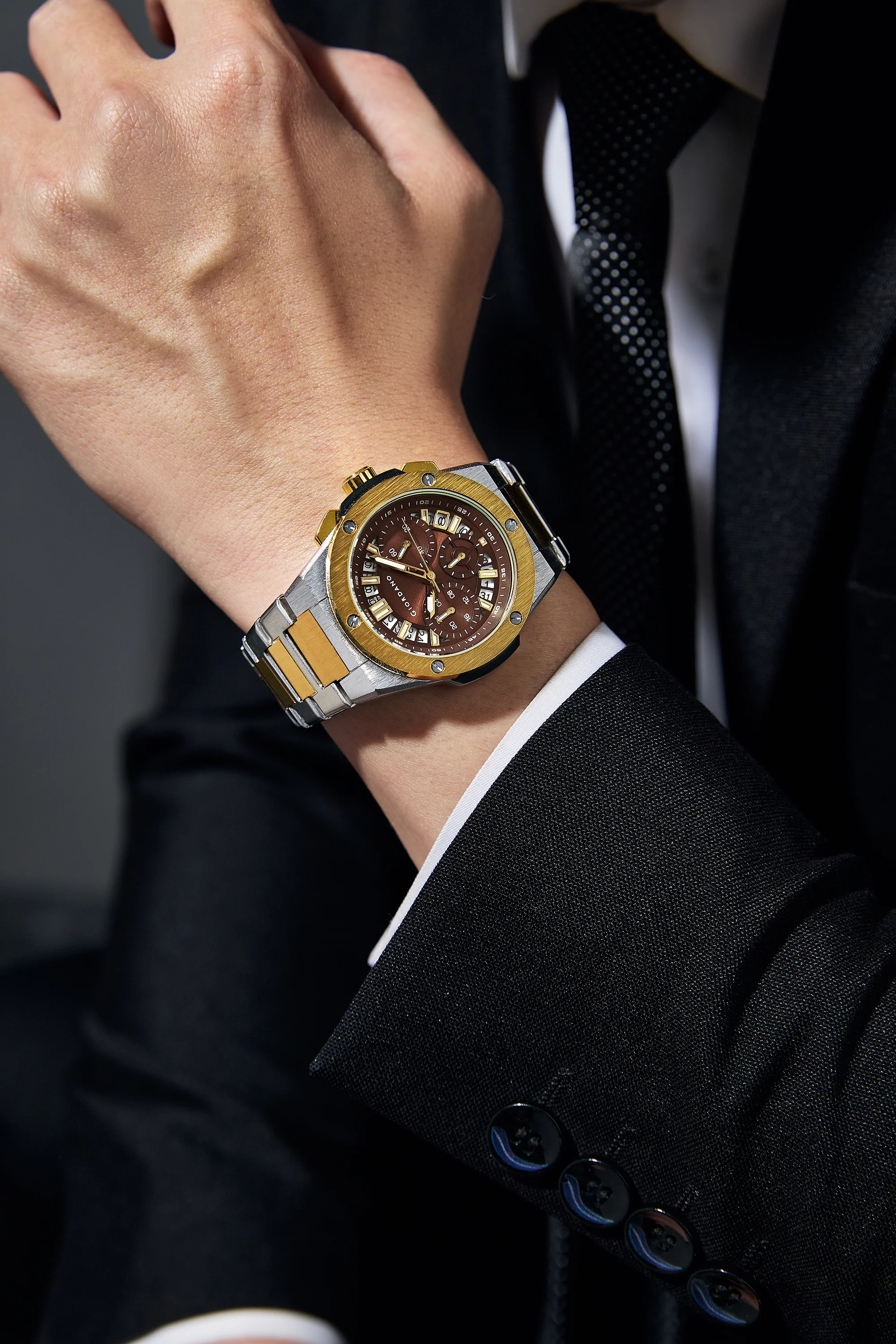 Giordano Chronograph Analog Quartz Watch for Men with Round Brown Dial, Date Function, Luminous Hands and Markers, Silver and Gold Stainless Steel Strap - GZ-50200-33 - Image 2