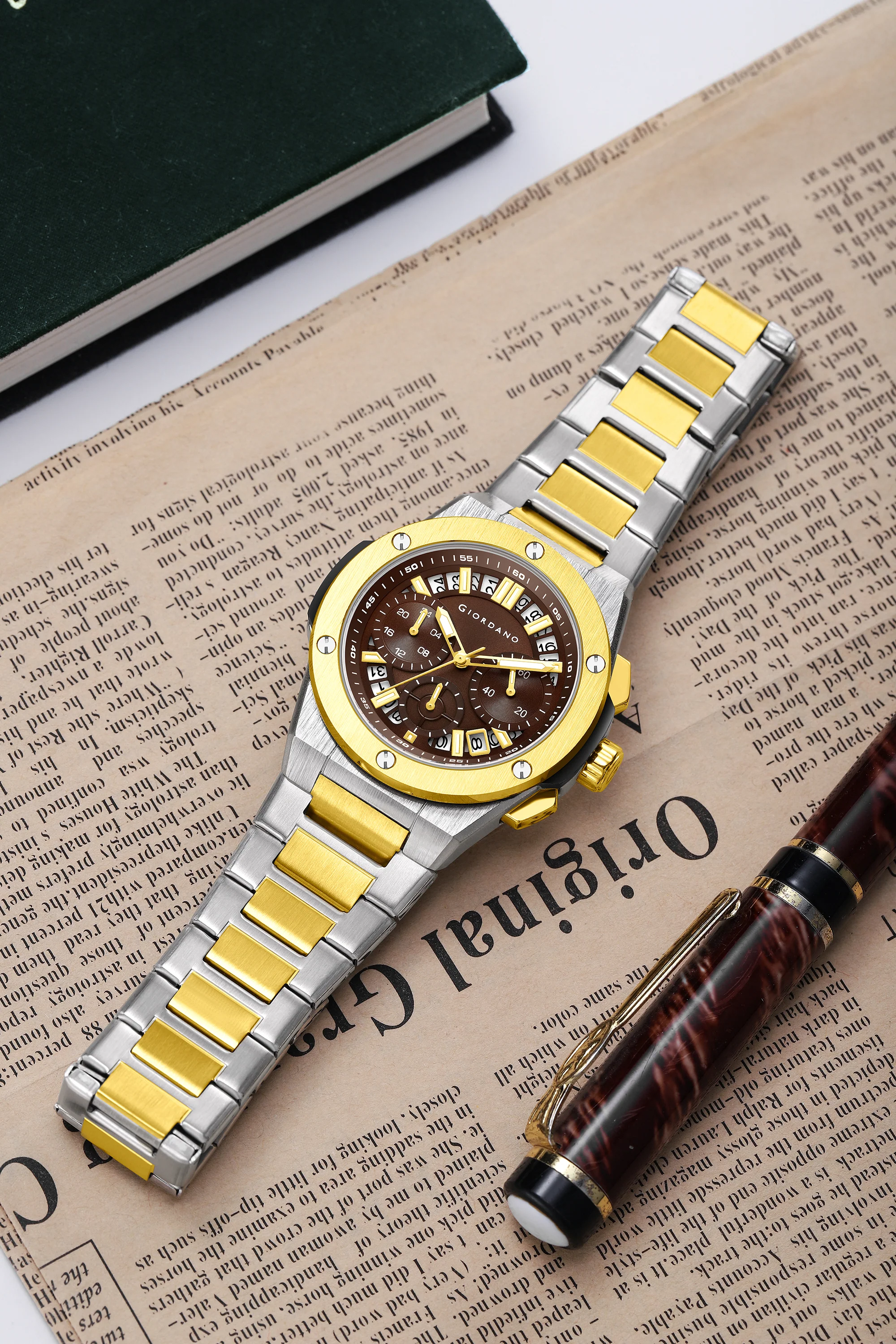 Giordano Chronograph Analog Quartz Watch for Men with Round Brown Dial, Date Function, Luminous Hands and Markers, Silver and Gold Stainless Steel Strap - GZ-50200-33 - Image 3