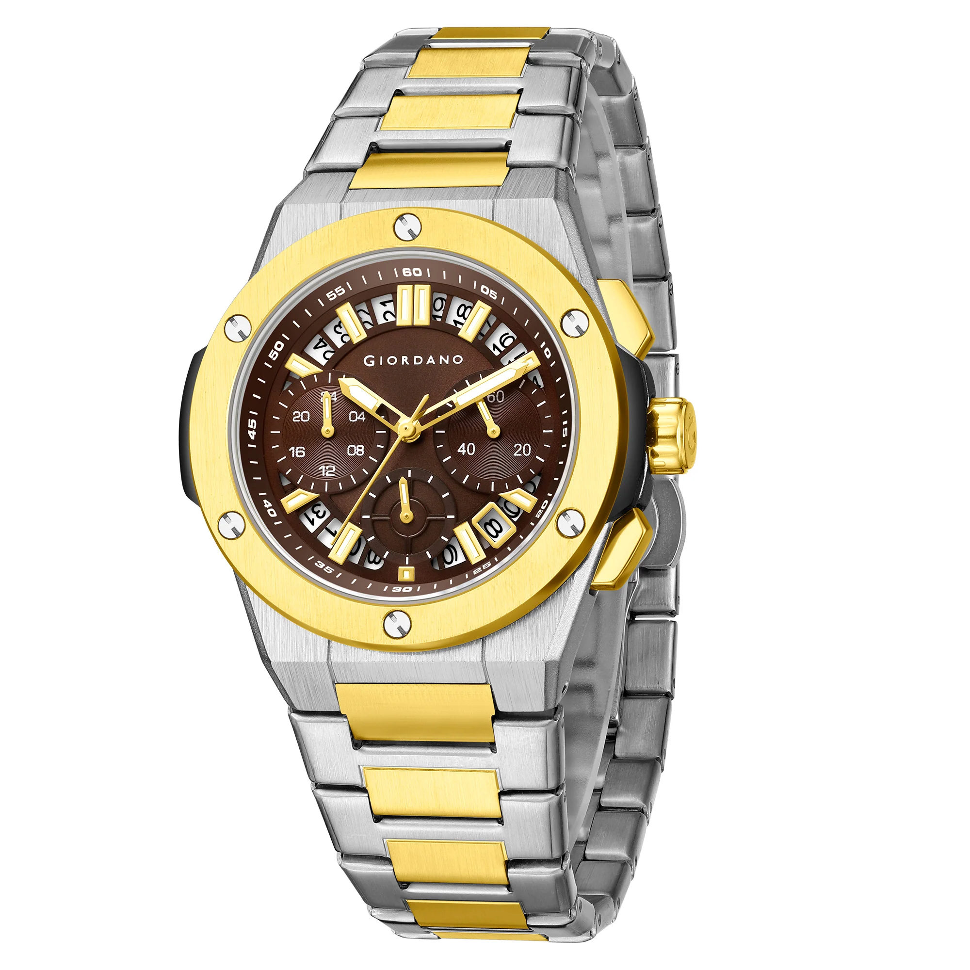 Giordano Chronograph Analog Quartz Watch for Men with Round Brown Dial, Date Function, Luminous Hands and Markers, Silver and Gold Stainless Steel Strap - GZ-50200-33 - Image 5