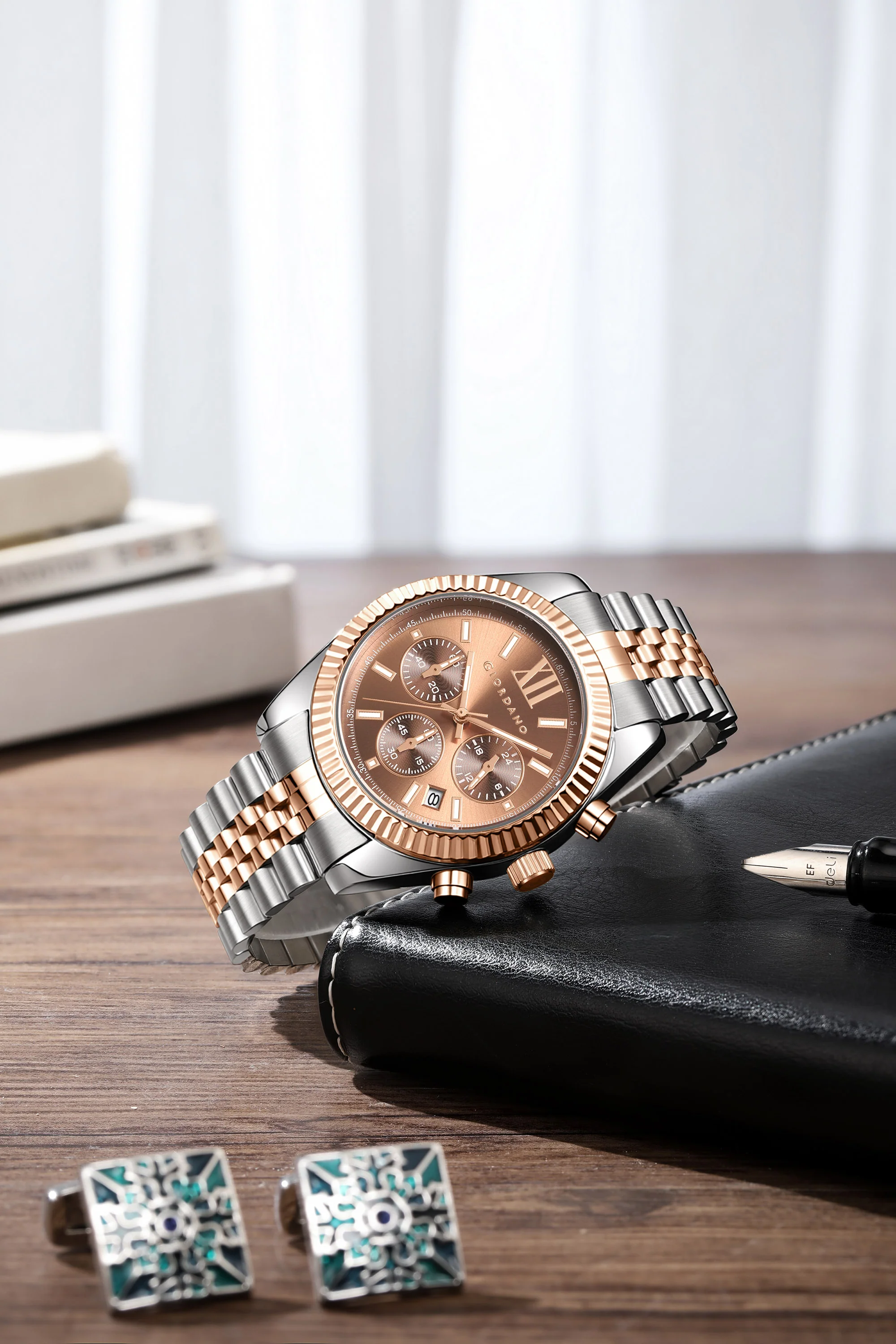 Giordano Chronograph Analog Quartz Watch for Men with Round Brown Dial, Roman indices, Date Function, Luminos hands and Markers, Silver and Rose Gold Stainless Steel Strap - GZ-50217-66 - Image 3