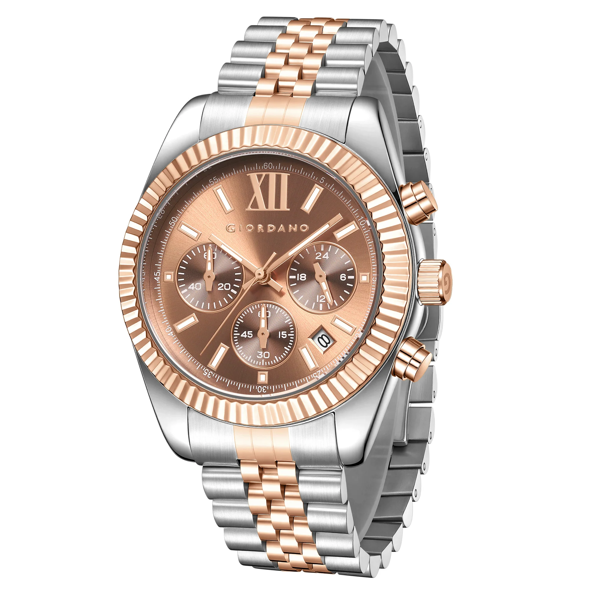 Giordano Chronograph Analog Quartz Watch for Men with Round Brown Dial, Roman indices, Date Function, Luminos hands and Markers, Silver and Rose Gold Stainless Steel Strap - GZ-50217-66 - Image 5