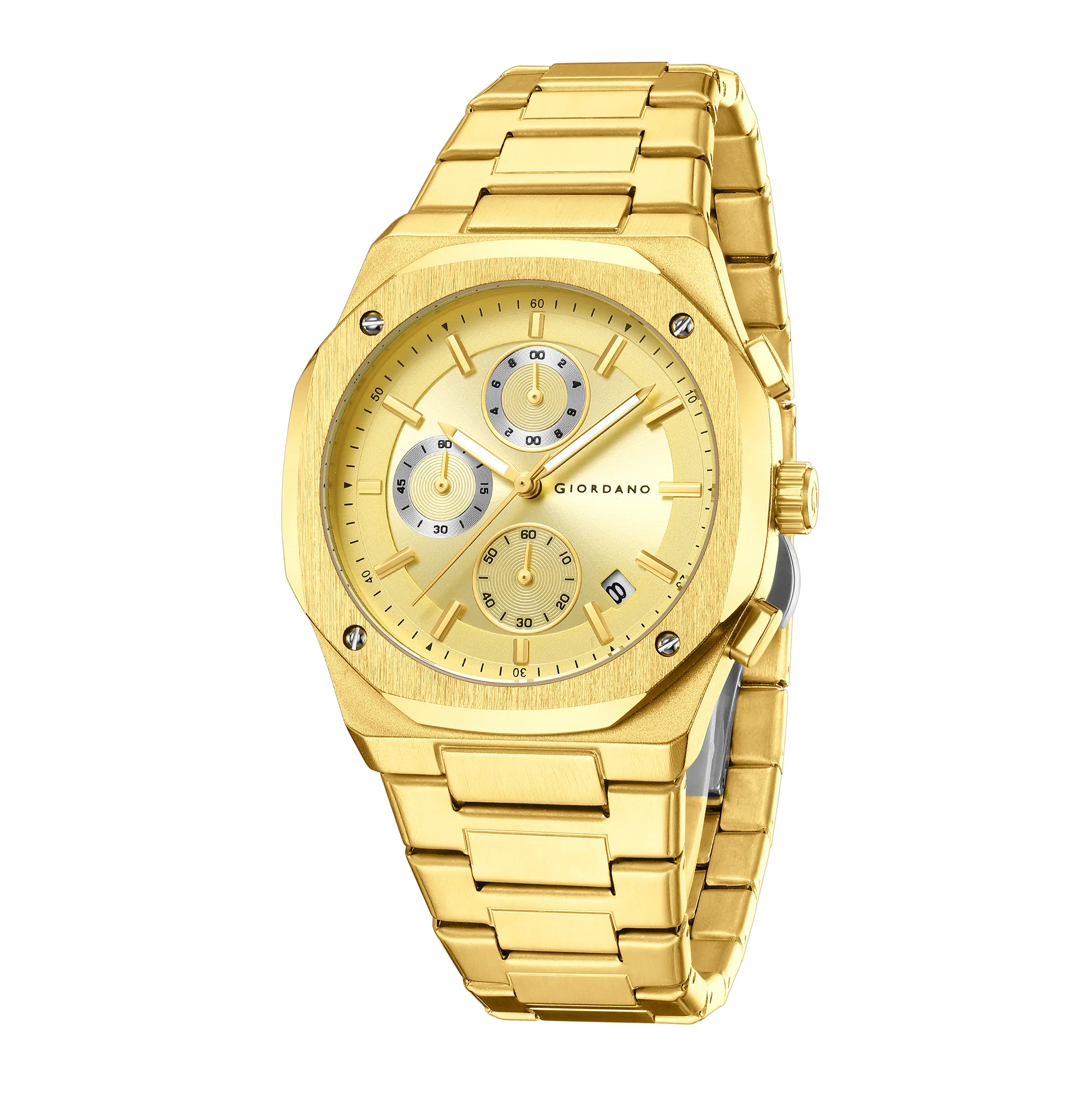 Giordano Chronograph Analog Quartz Watch for Men with Round Gold Dial, Octgonal case, Date Function, Luminous Hands and Hour Markers, Gold Stainless Steel Strap - GZ-50202-44 - Image 5