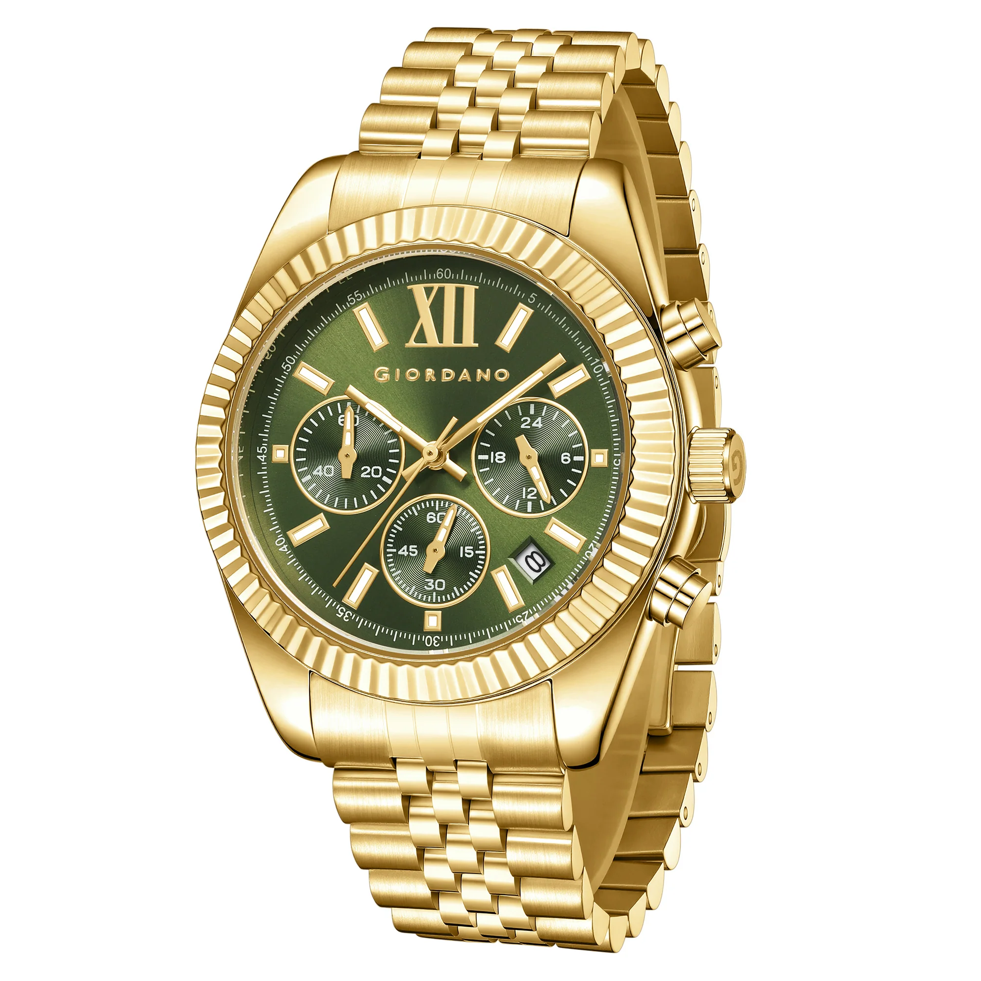 Giordano Chronograph Analog Quartz Watch for Men with Round Green Dial, Roman indices, Date Function, Luminos hands and Markers, Gold Stainless Steel Strap - GZ-50217-33 - Image 5