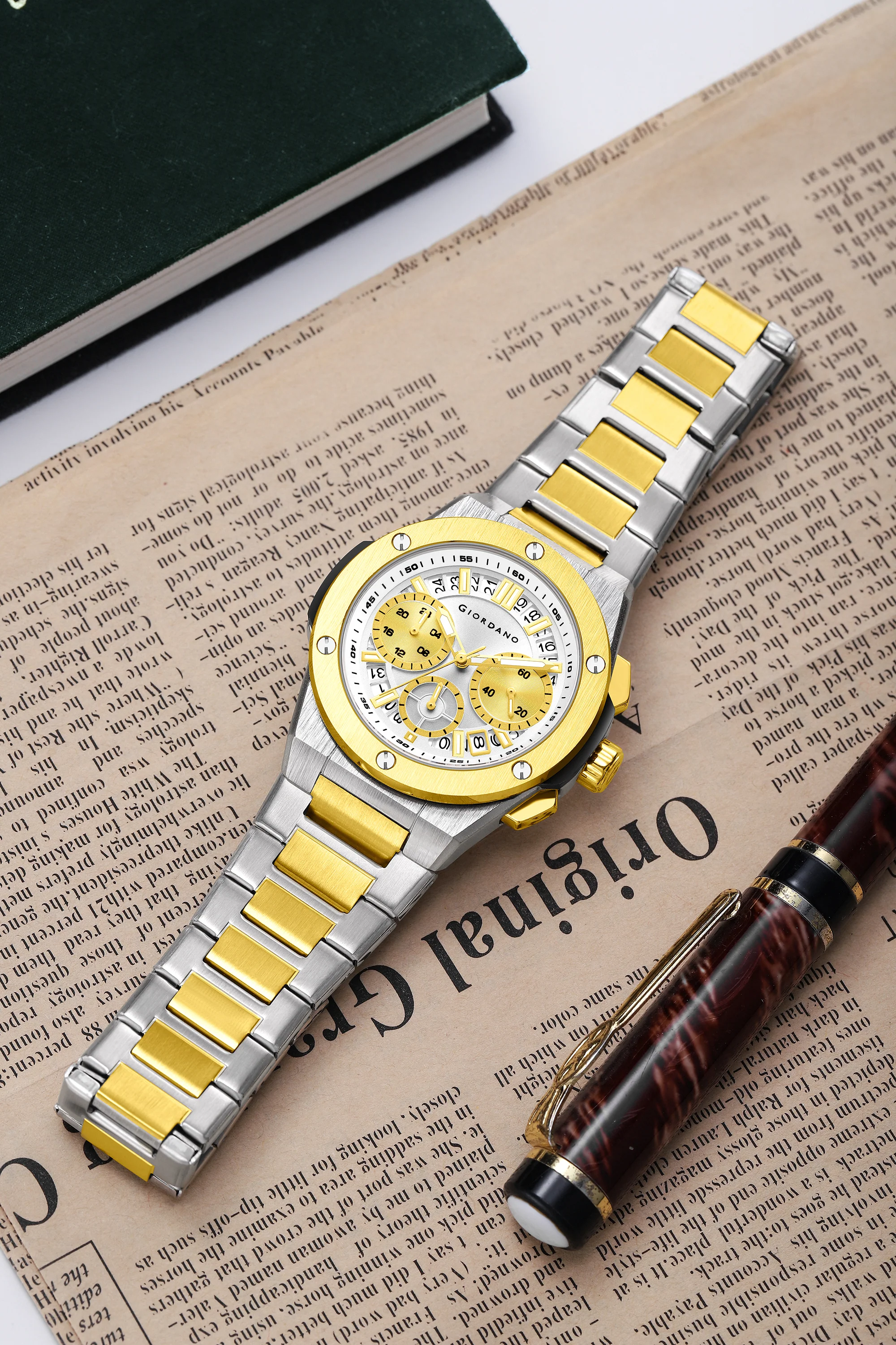 Giordano Chronograph Analog Quartz Watch for Men with Round White Dial, Date Function, Luminous Hands and Markers, Silver and Gold Stainless Steel Strap - GZ-50200-44 - Image 3