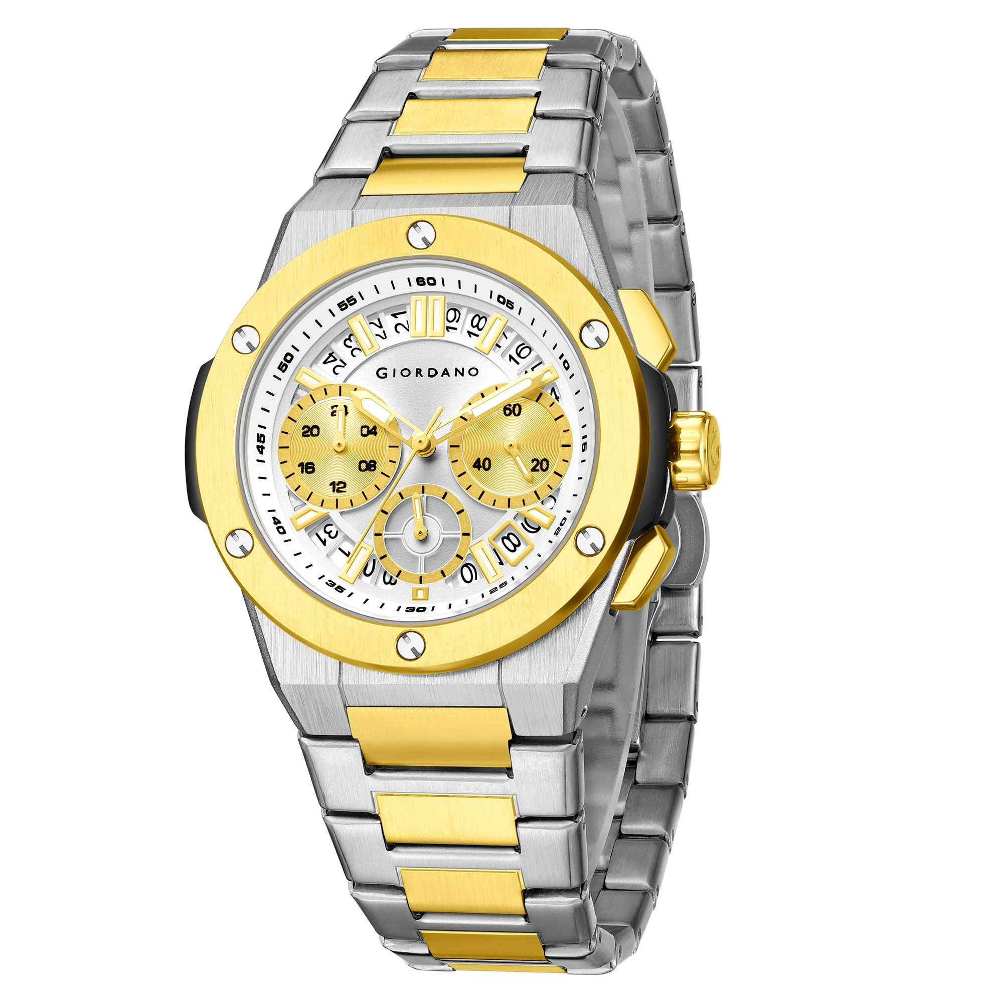 Giordano Chronograph Analog Quartz Watch for Men with Round White Dial, Date Function, Luminous Hands and Markers, Silver and Gold Stainless Steel Strap - GZ-50200-44 - Image 5