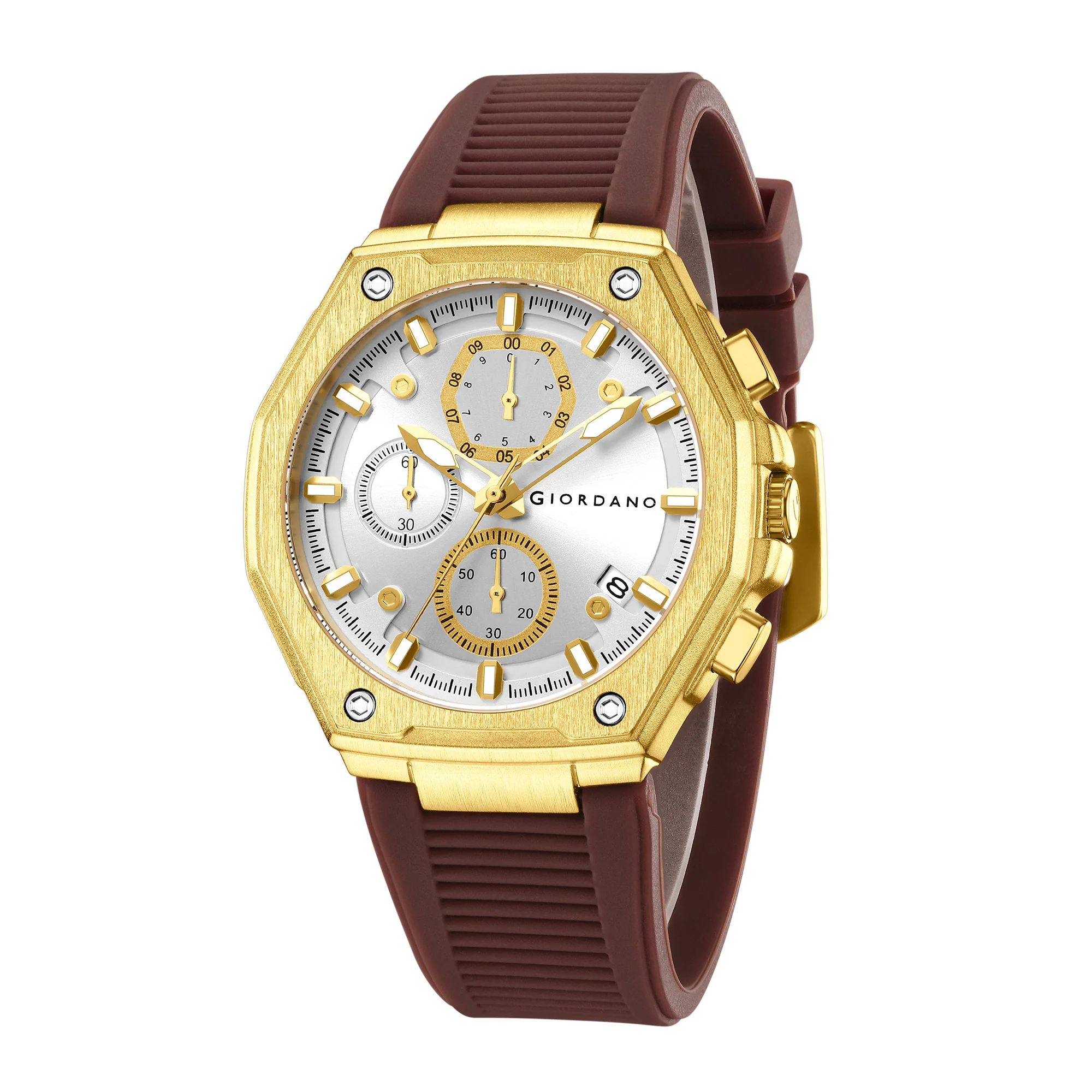 Giordano Chronograph Analog Quartz Watch for Men with Round White Dial, Octgonal case, Date Function, Luminous Hands and Hour Markers, Brown Silicone Strap - GZ-50197-44 - Image 5