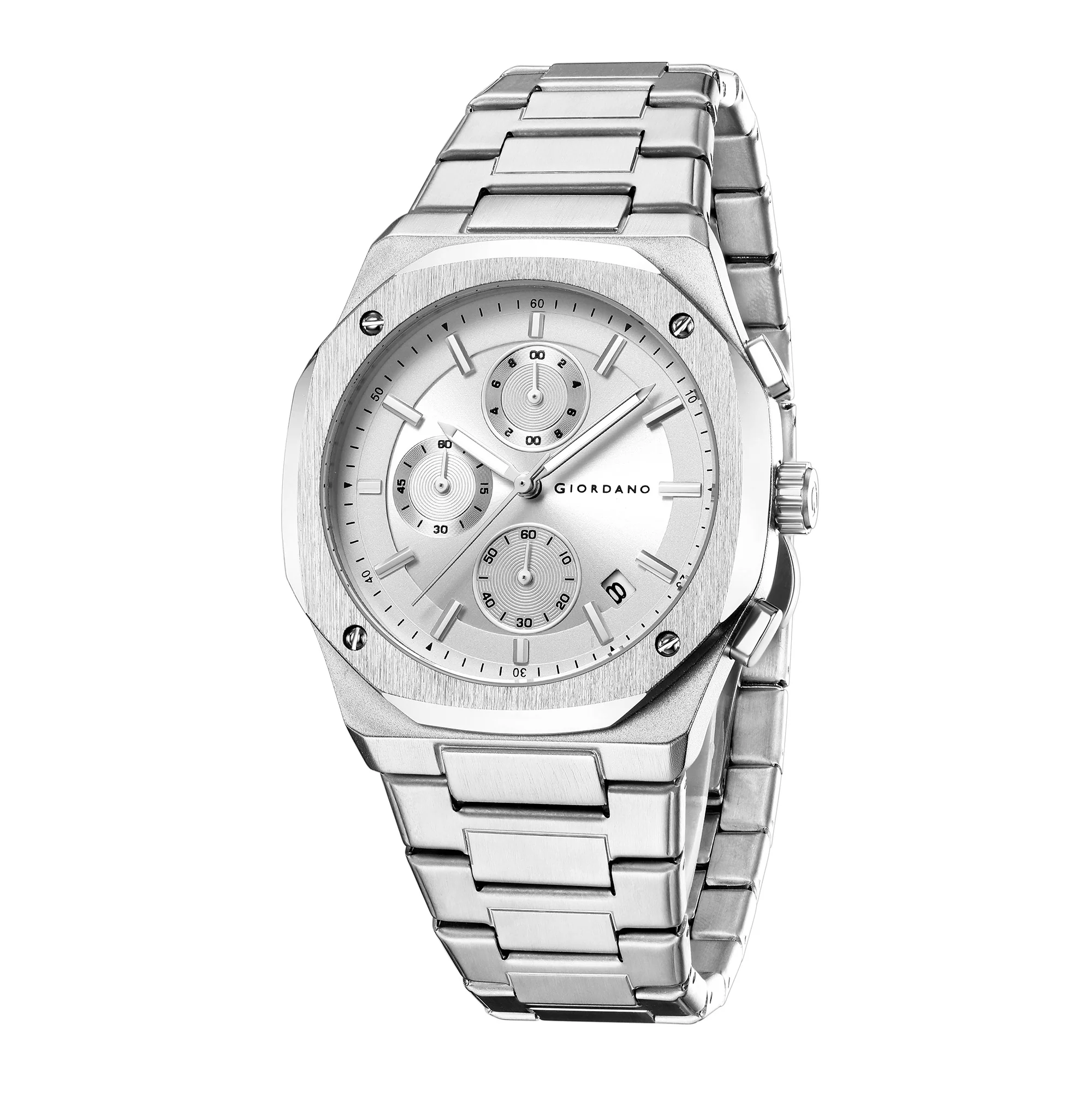 Giordano Chronograph Analog Quartz Watch for Men with Round White Dial, Octgonal case, Date Function, Luminous Hands and Hour Markers, Silver Stainless Steel Strap - GZ-50202-22 - Image 5