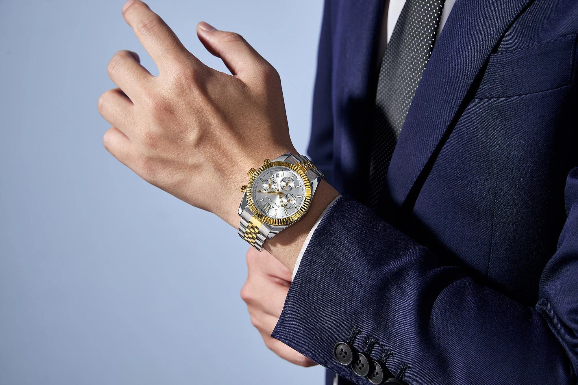 Giordano Chronograph Analog Quartz Watch for Men with Round White Dial, Roman indices, Date Function, Luminos hands and Markers, Silver and Gold Stainless Steel Strap - GZ-50217-44 - Image 2