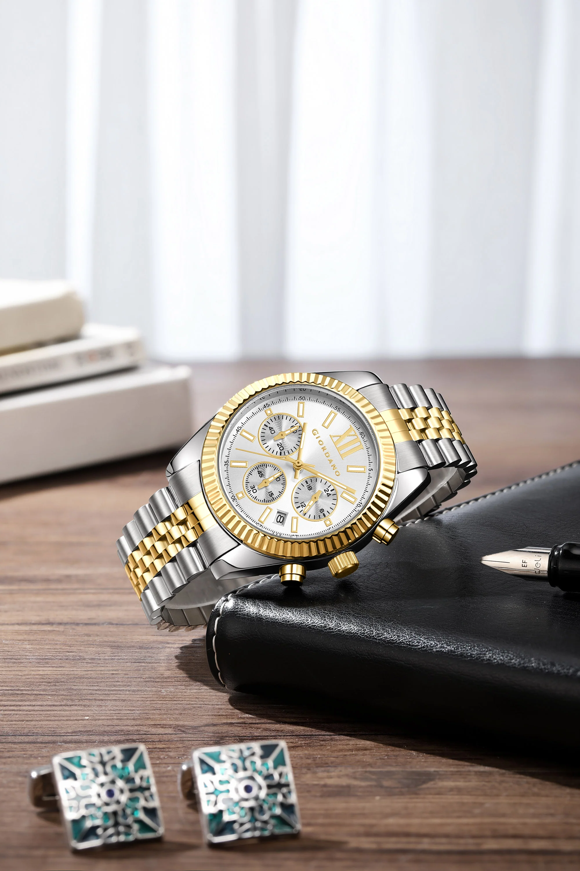 Giordano Chronograph Analog Quartz Watch for Men with Round White Dial, Roman indices, Date Function, Luminos hands and Markers, Silver and Gold Stainless Steel Strap - GZ-50217-44 - Image 3