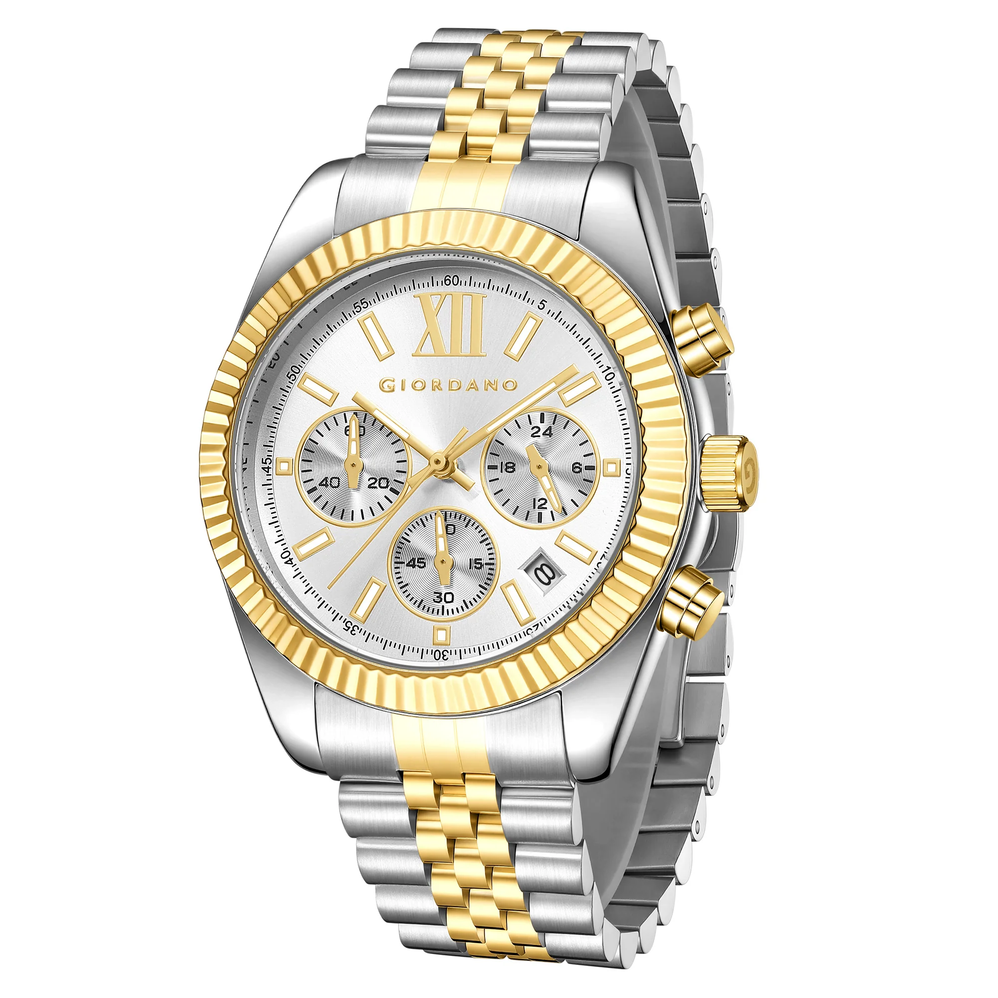 Giordano Chronograph Analog Quartz Watch for Men with Round White Dial, Roman indices, Date Function, Luminos hands and Markers, Silver and Gold Stainless Steel Strap - GZ-50217-44 - Image 5