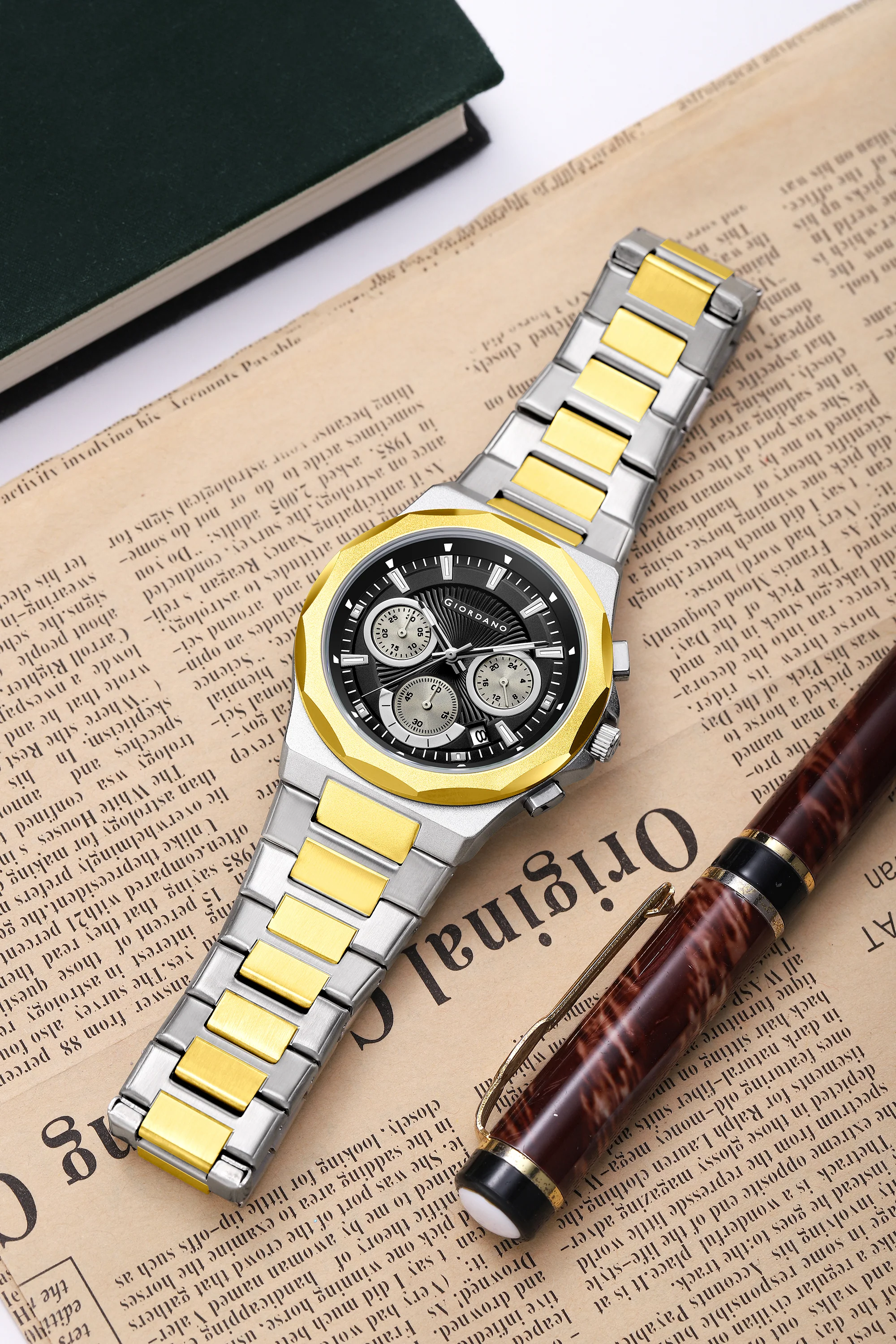 Giordano Chronograph Analog Quartz Watch for Men with Textured Round Black Dial, Date Function, Luminous Hands and Markers, Silver and Gold Stainless Steel Strap - GZ-50199-44 - Image 3