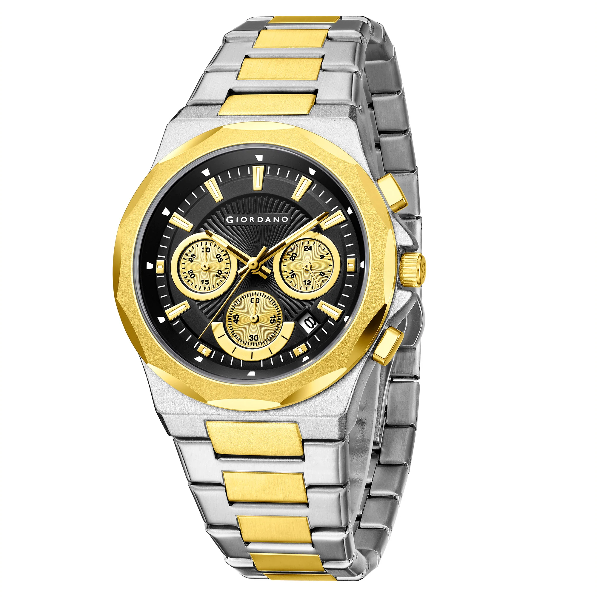 Giordano Chronograph Analog Quartz Watch for Men with Textured Round Black Dial, Date Function, Luminous Hands and Markers, Silver and Gold Stainless Steel Strap - GZ-50199-44 - Image 5