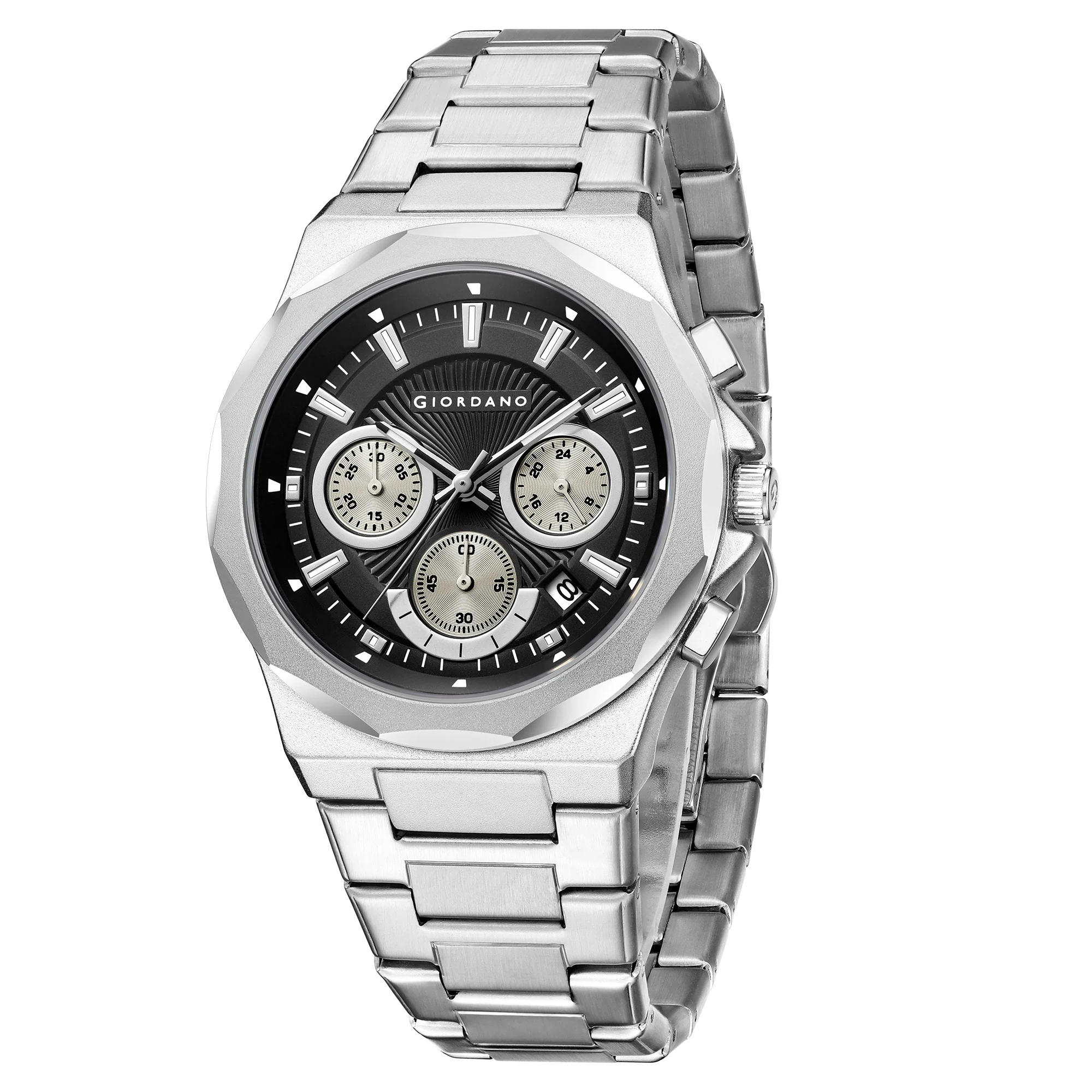 Giordano Chronograph Analog Quartz Watch for Men with Textured Round Black Dial, Date Function, Luminous Hands and Markers, Silver Stainless Steel Strap - GZ-50199-11 - Image 5