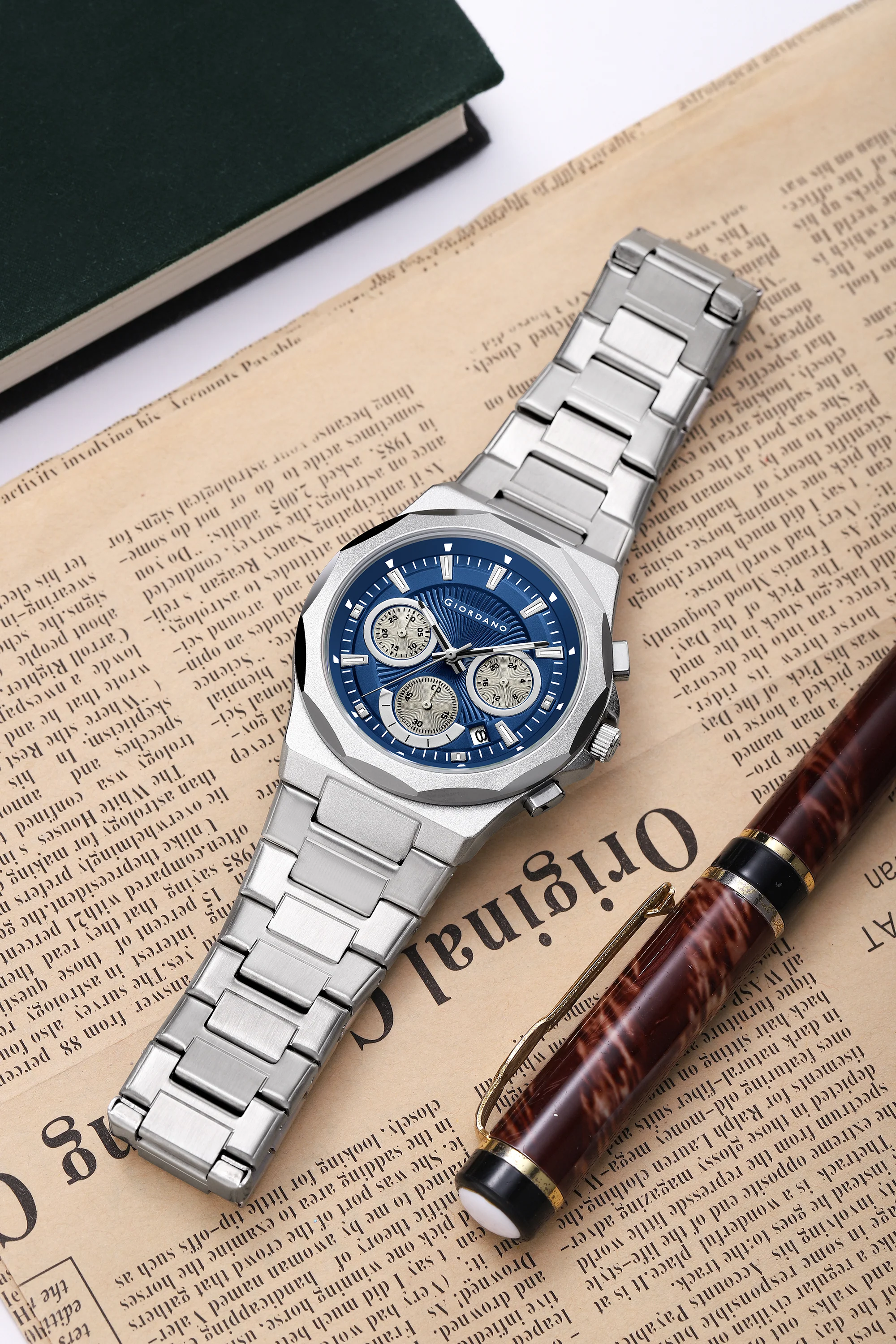 Giordano Chronograph Analog Quartz Watch for Men with Textured Round Blue Dial, Date Function, Luminous Hands and Markers, Silver Stainless Steel Strap - GZ-50199-22 - Image 3