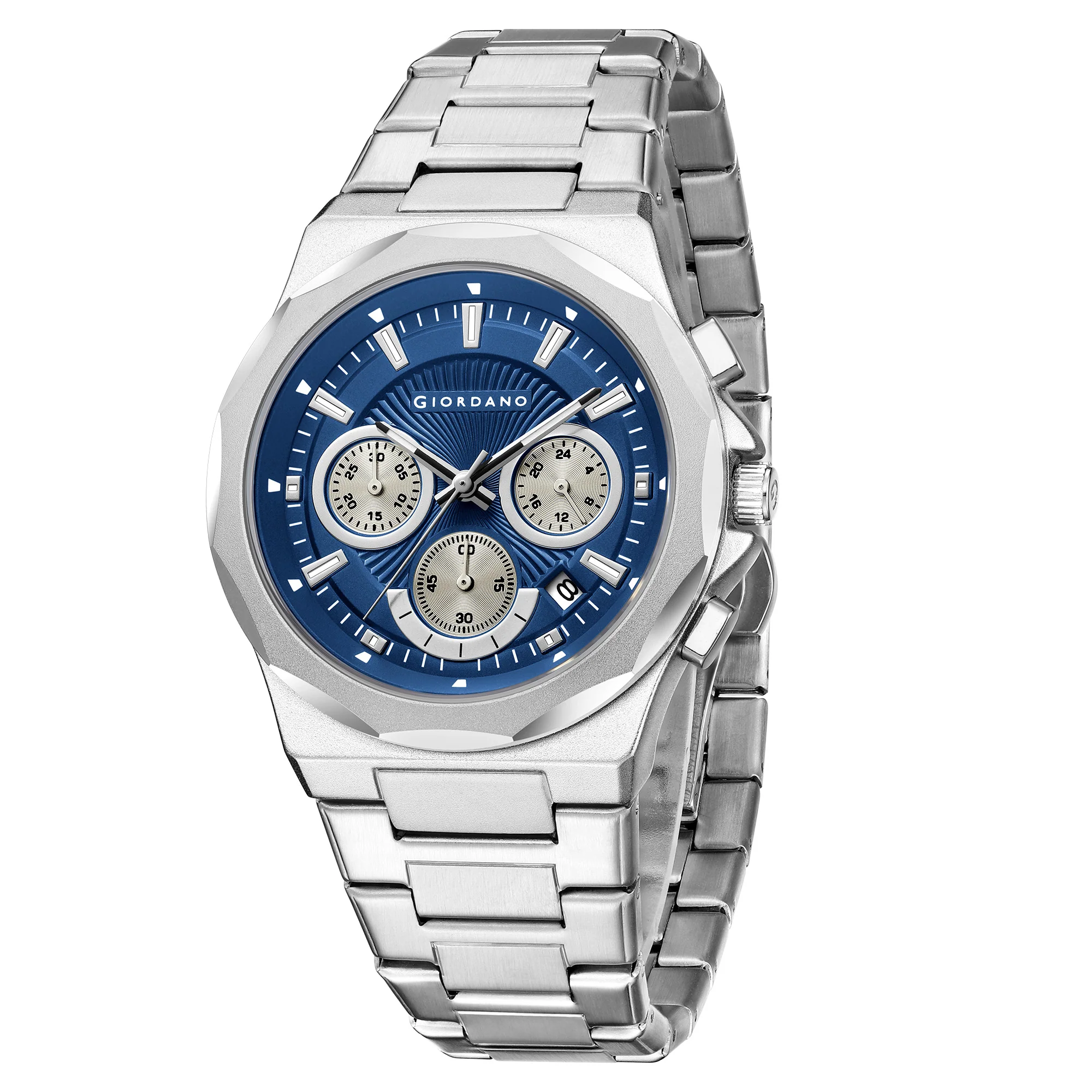 Giordano Chronograph Analog Quartz Watch for Men with Textured Round Blue Dial, Date Function, Luminous Hands and Markers, Silver Stainless Steel Strap - GZ-50199-22 - Image 5